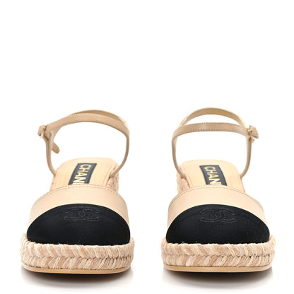 Chanel Lambskin Grosgrain CC Espadrilles Wedges 37 Beige Black 2 of 9