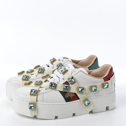 Gucci Calfskin Removable Crystals Bee Embroidered Womens Ace Platform Sneakers 35.5 White 3 of 10