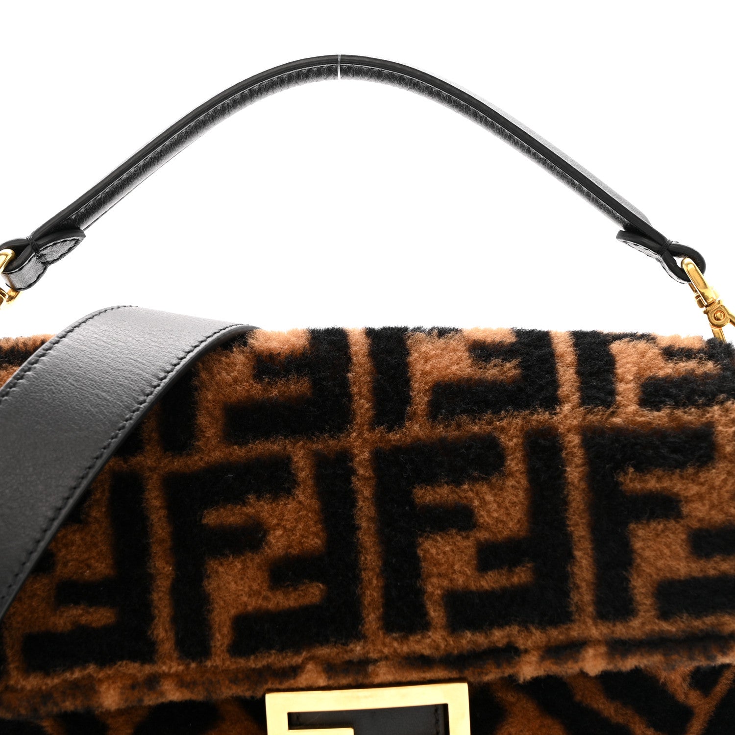 Fendi Shearling Vitello Dolce Macro FF 1974 Baguette Tobacco Black 8 of 12