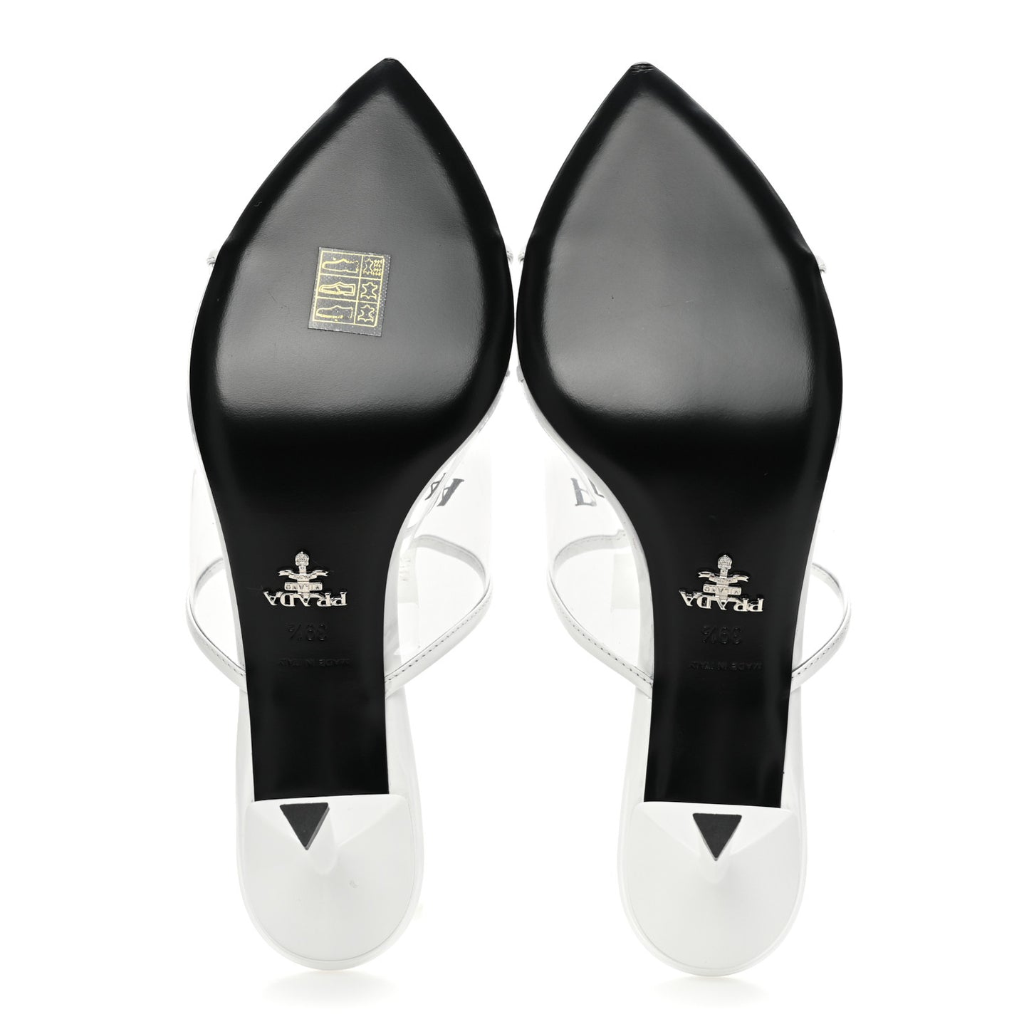 Plexiglass Calfskin Metal Triangle Logo 75mm Slide Sandals 39.5 White