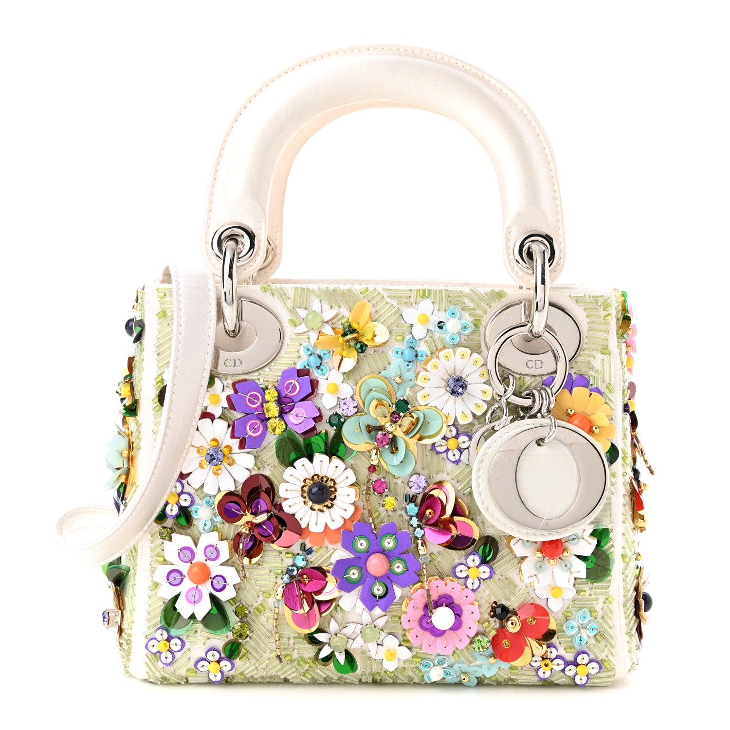 Christian Dior Satin Beaded Floral Embroidered Mini Lady Dior White Multicolor 1 of 9