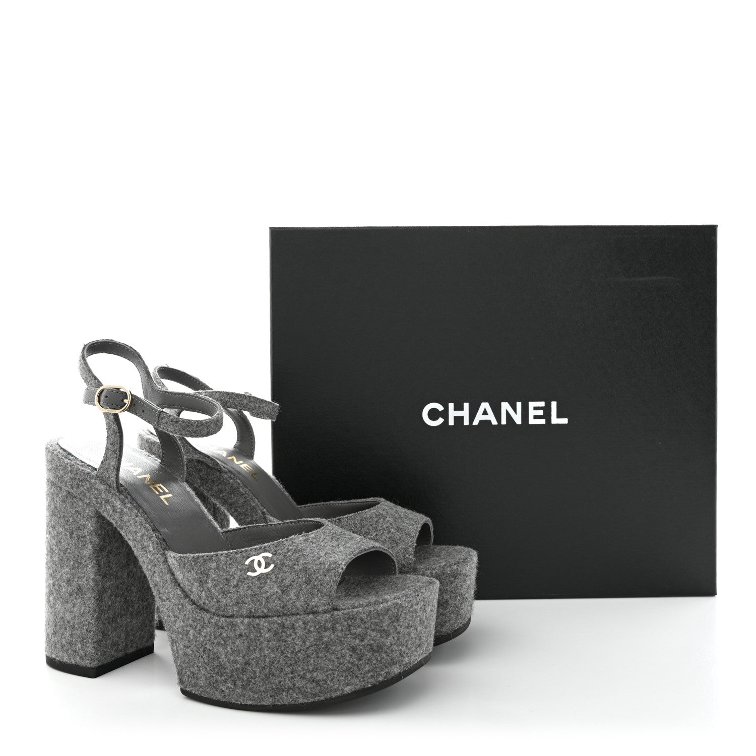 Chanel Wool CC Platform Sandals 38 Grey 9 of 9