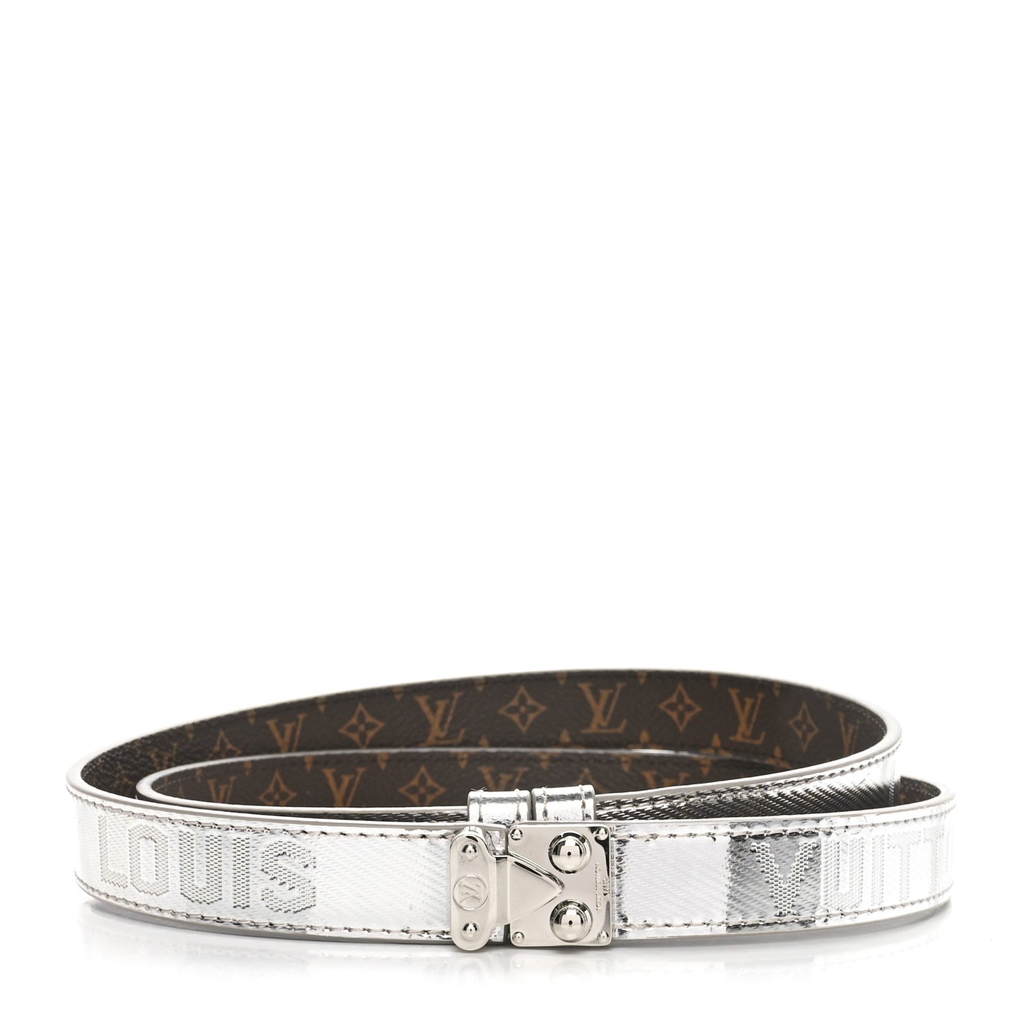 Metallic Calfskin Monogram Serrures 20mm Belt Silver