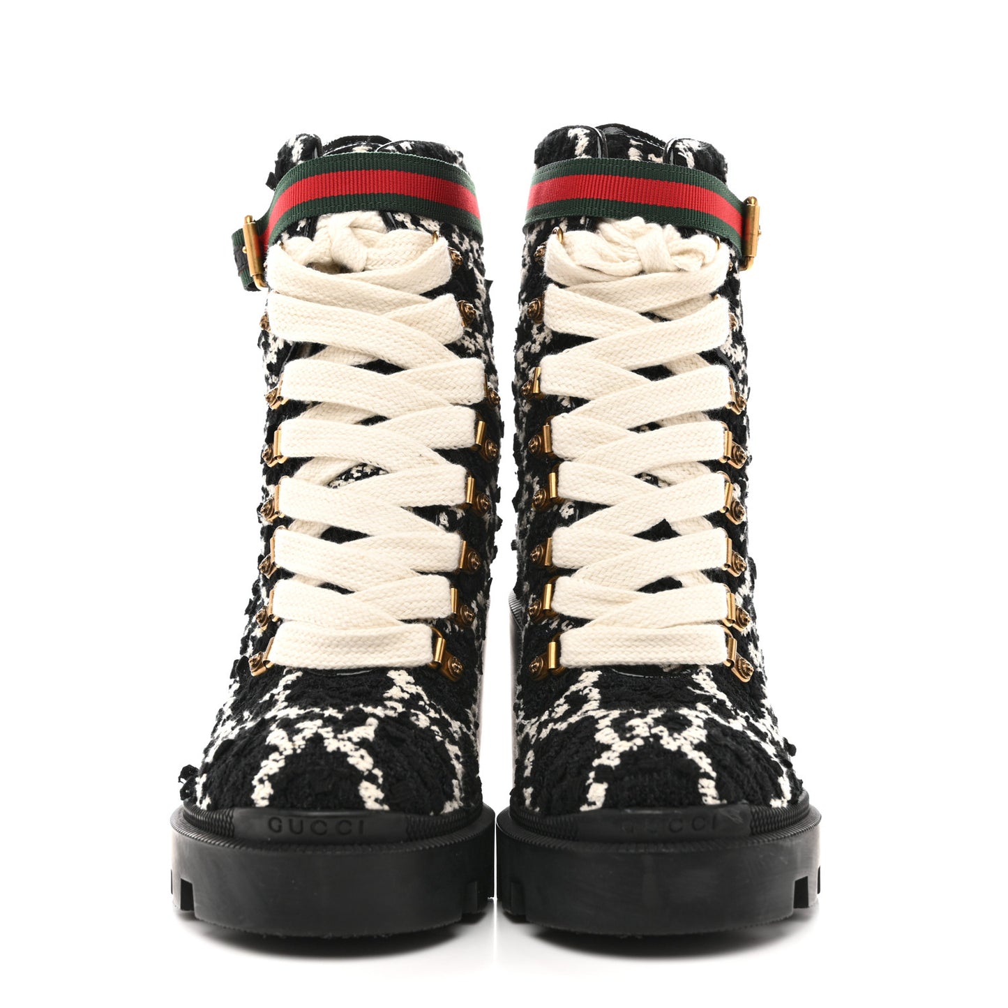 Tweed GG Monogram Lace Up Combat Ankle Boots 37 Black
