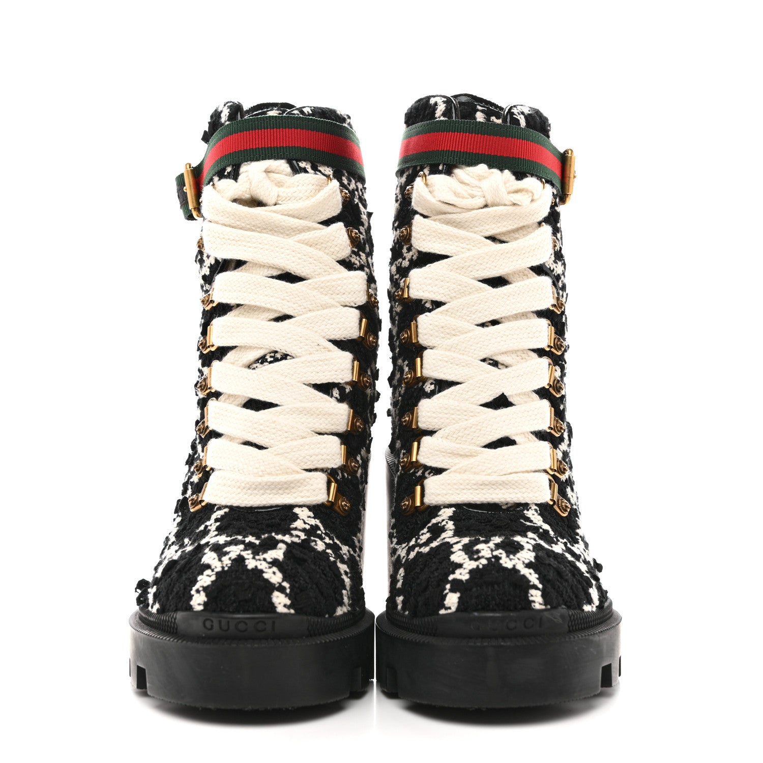 Gucci Tweed GG Monogram Lace Up Combat Ankle Boots 37 Black 3 of 9