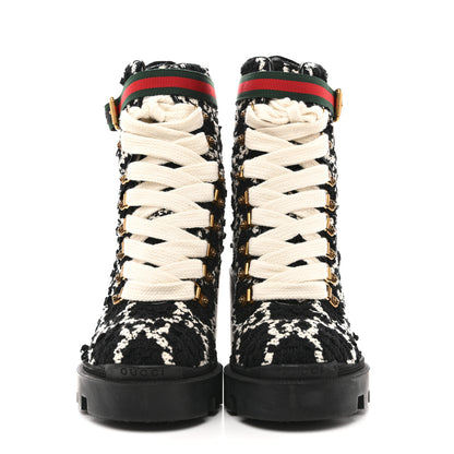 Gucci Tweed GG Monogram Lace Up Combat Ankle Boots 37 Black 3 of 9