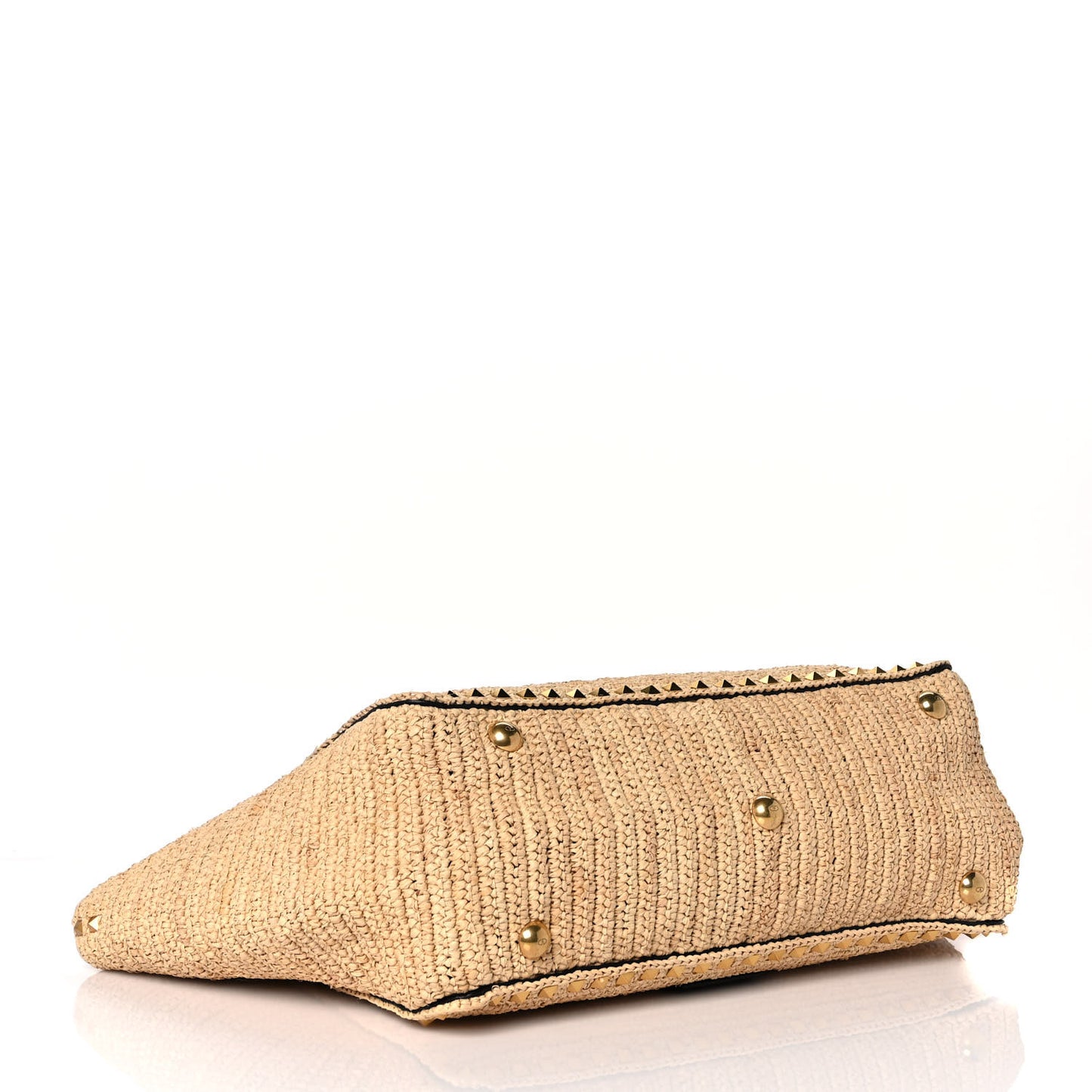 Raffia Calfskin Rockstud Tote Naturale Black