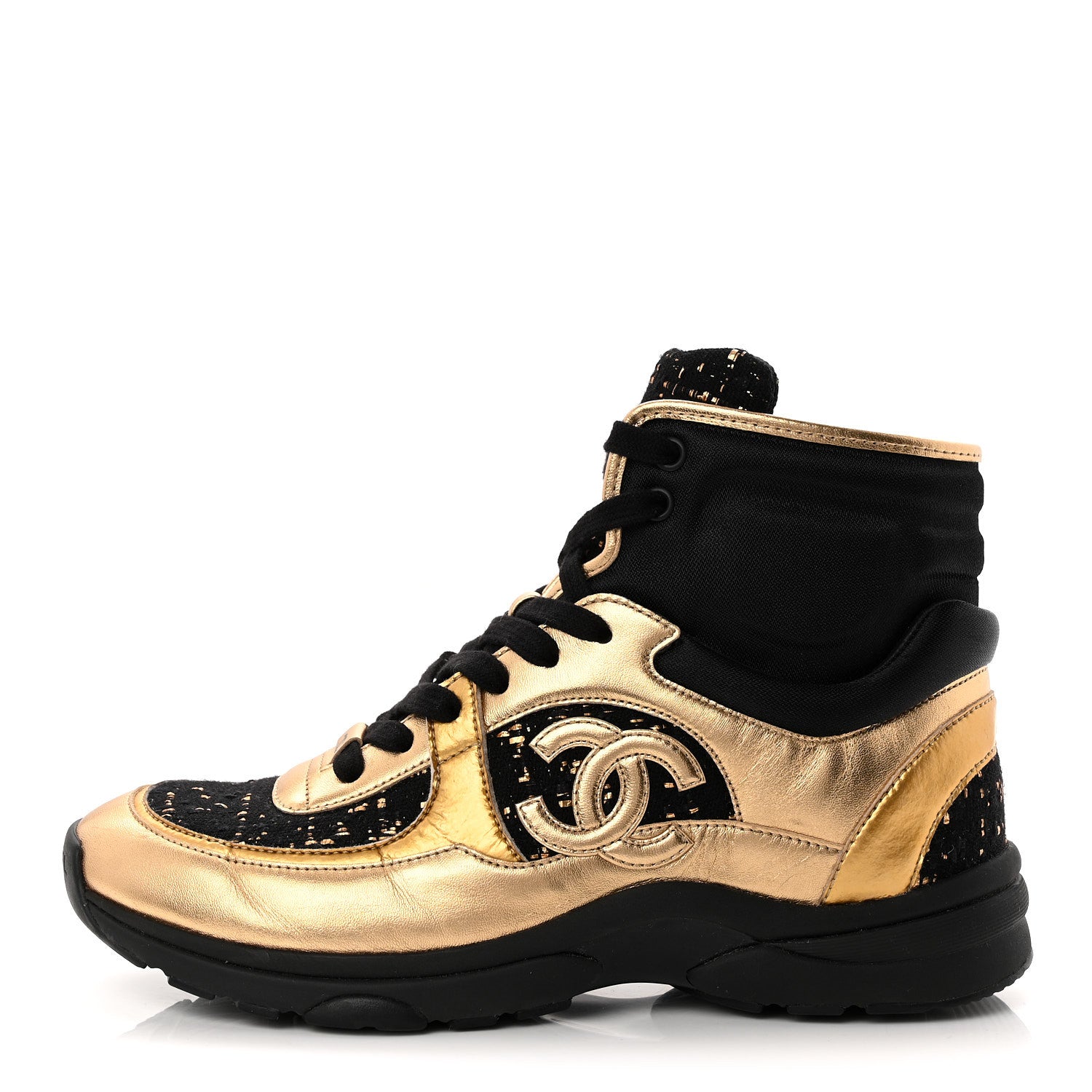 Chanel Satin Lambskin Fabric Tweed CC High Top Sneakers 39 Black Gold 1 of 9