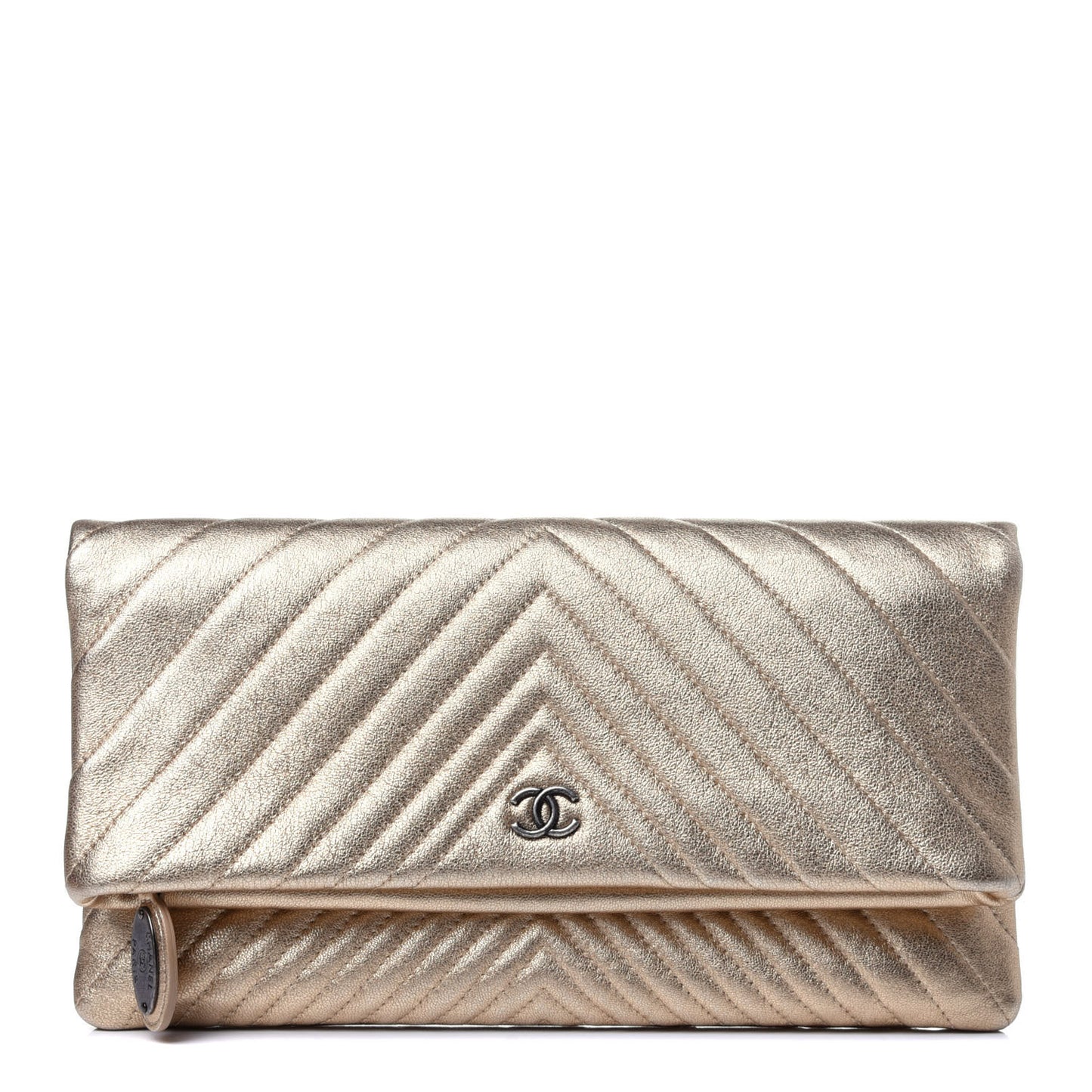 Metallic Calfskin Chevron Quilted CC Beauty Clutch Gold