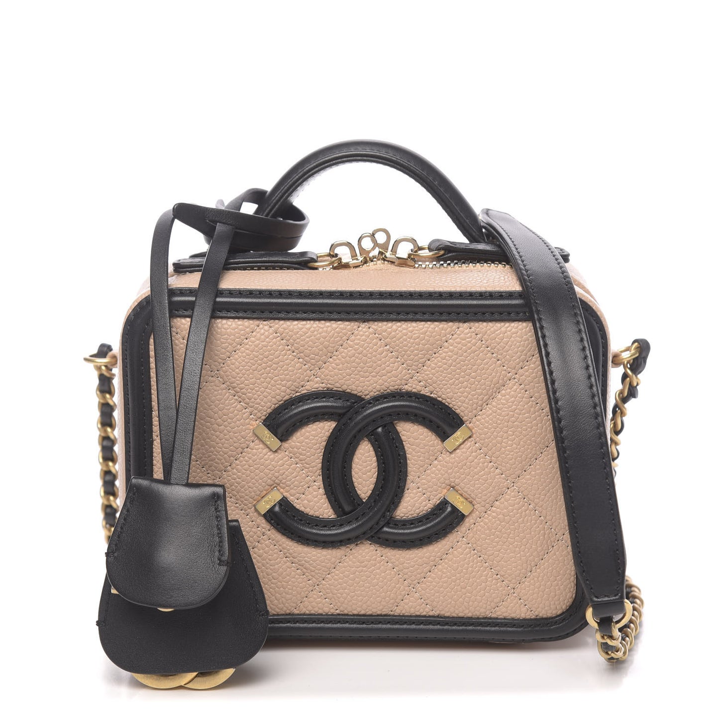 Caviar Quilted Small CC Filigree Vanity Case Beige Black