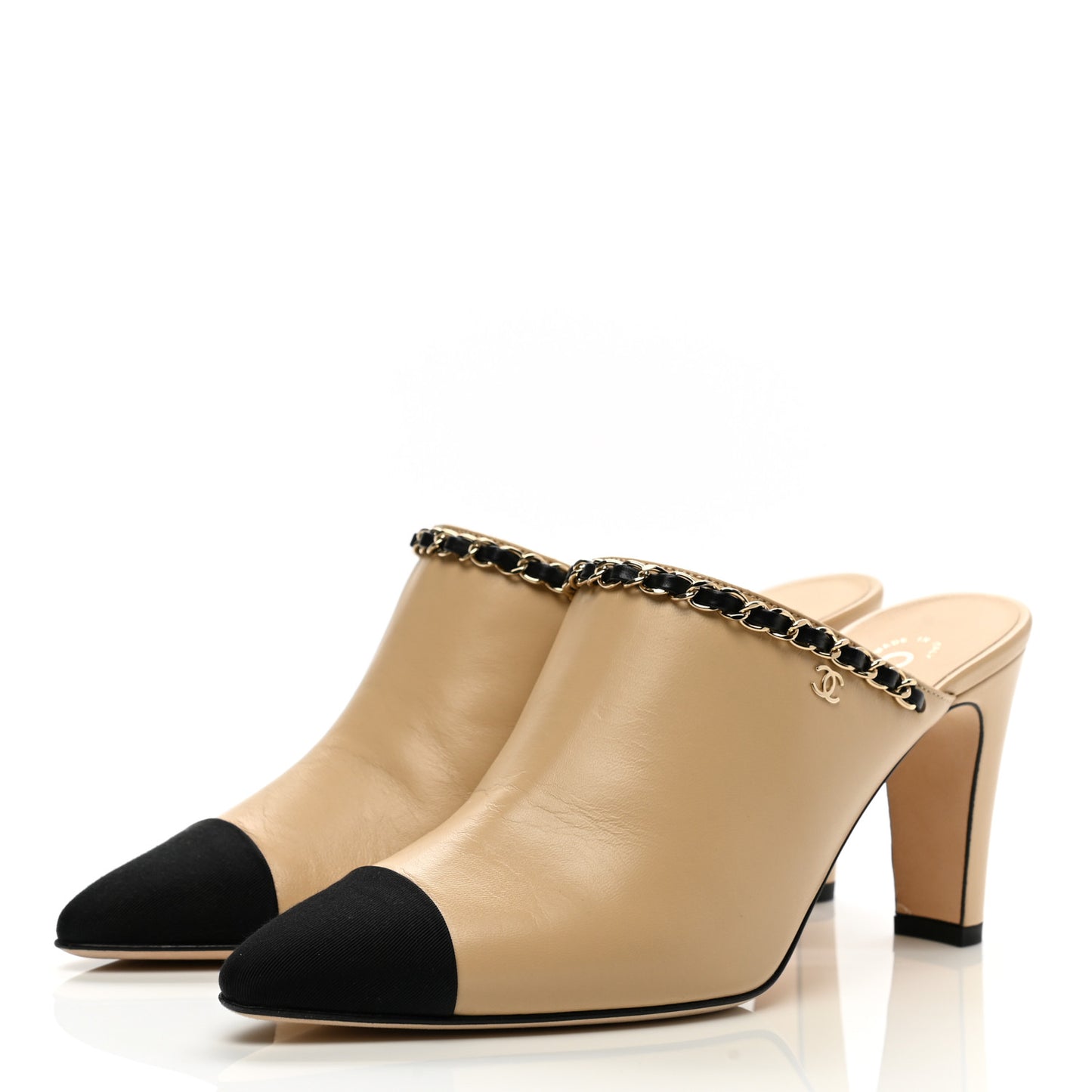 Lambskin Grosgrain Cap Toe Chain Mule 38.5 Beige Black
