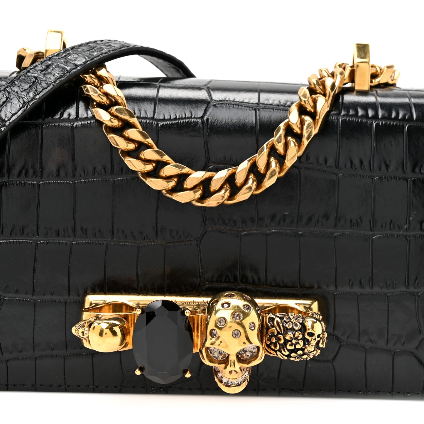 Shiny Crocodile Embossed Jeweled Satchel Black