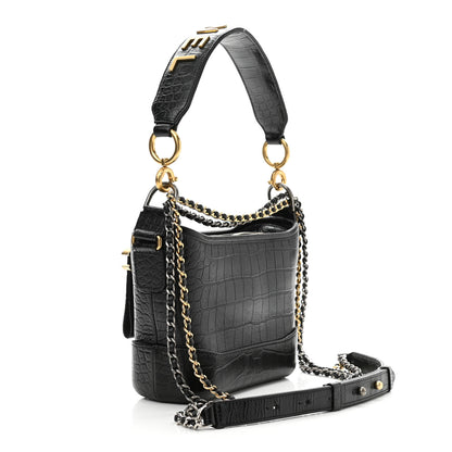 Chanel Calfskin Crocodile Embossed Small Gabrielle Cocodile Hobo Black 3 of 11