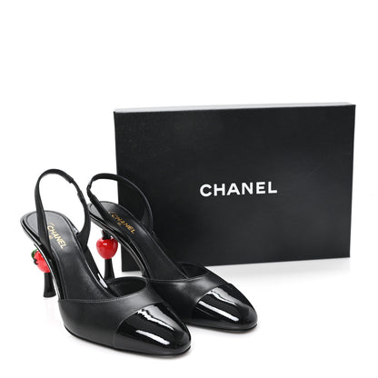 Chanel Lambskin Patent Cap Toe CC Apple Slingback Pumps 40 Black 10 of 10