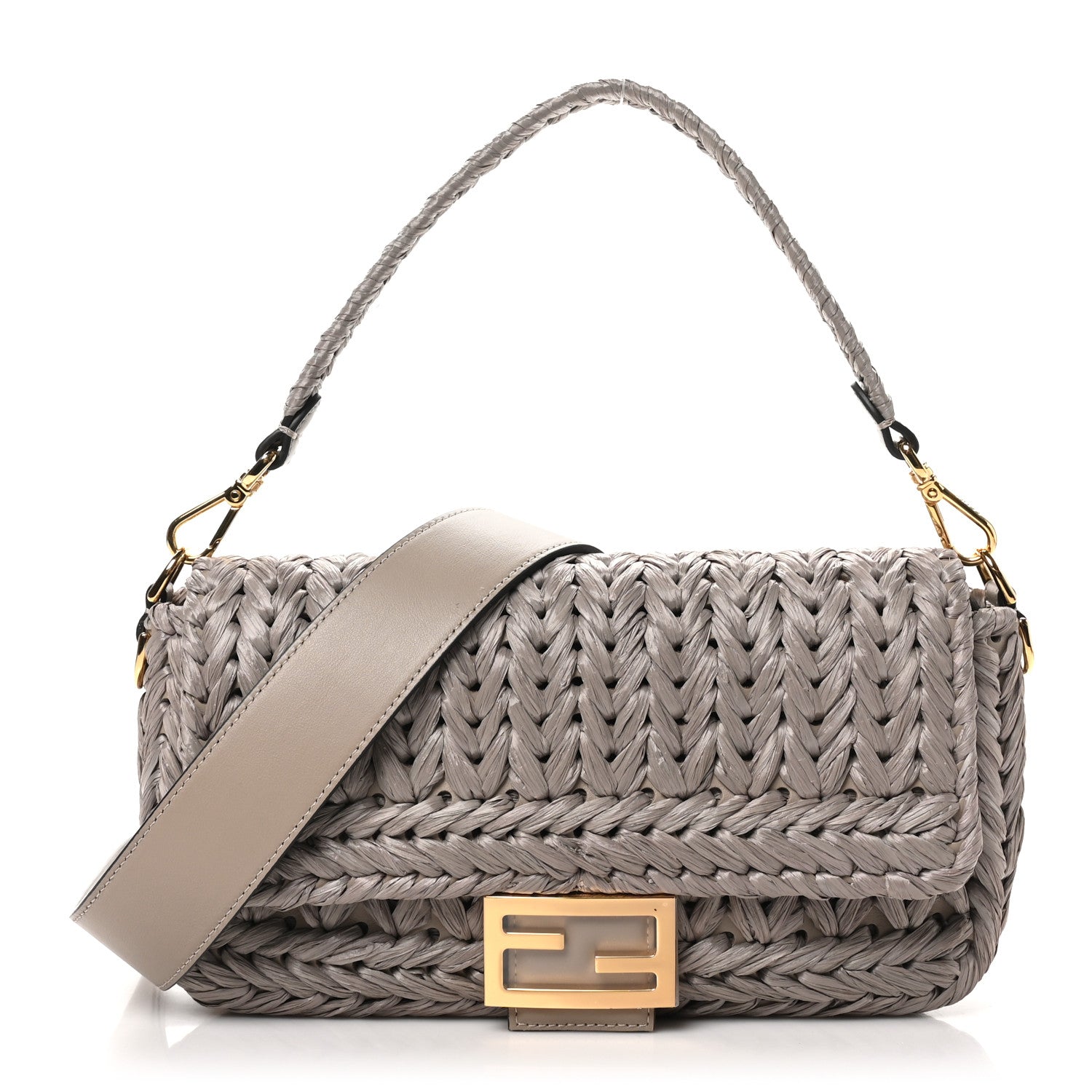 Fendi Paglia Vitello Grace FF Woven Baguette Tortora 1 of 9