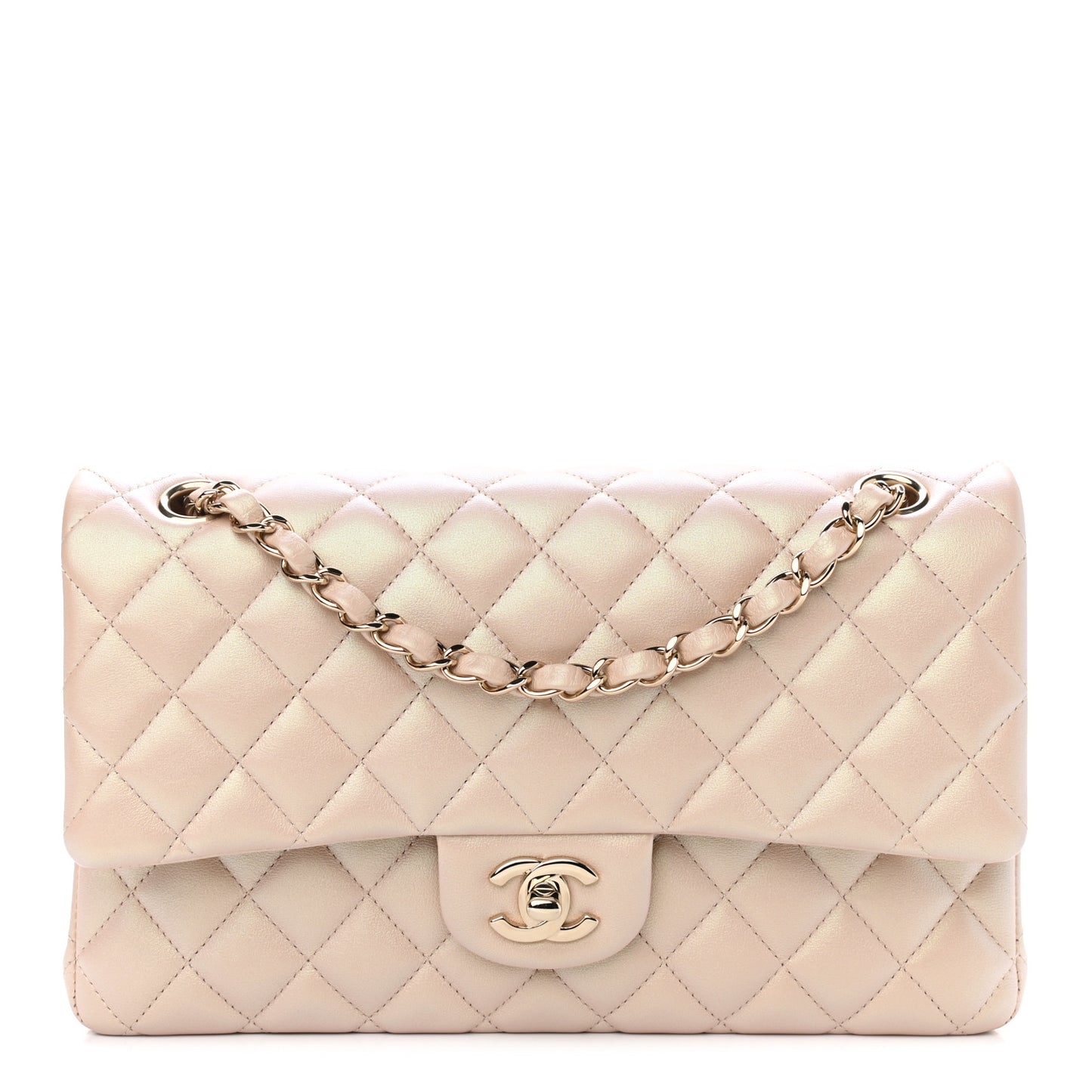 Iridescent Calfskin Quilted Medium Double Flap Beige
