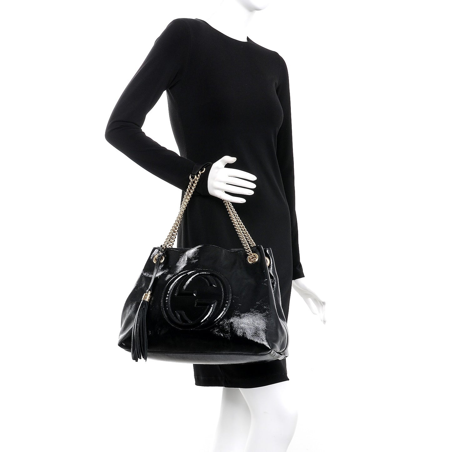 Patent Medium Soho Chain Shoulder Bag Black