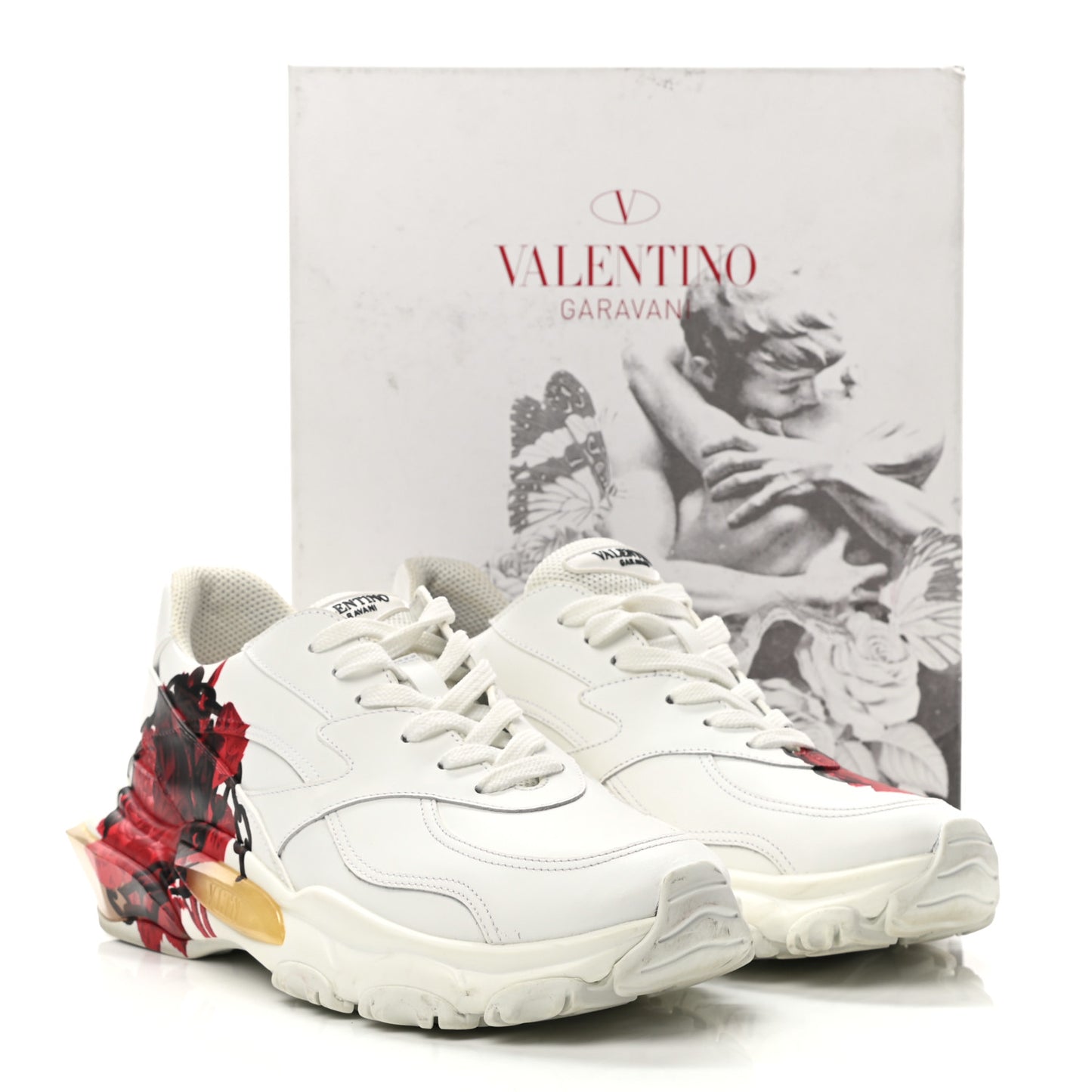 X UNDERCOVER Calfskin Womens Flower Print Bounce Sneakers 39 White Red