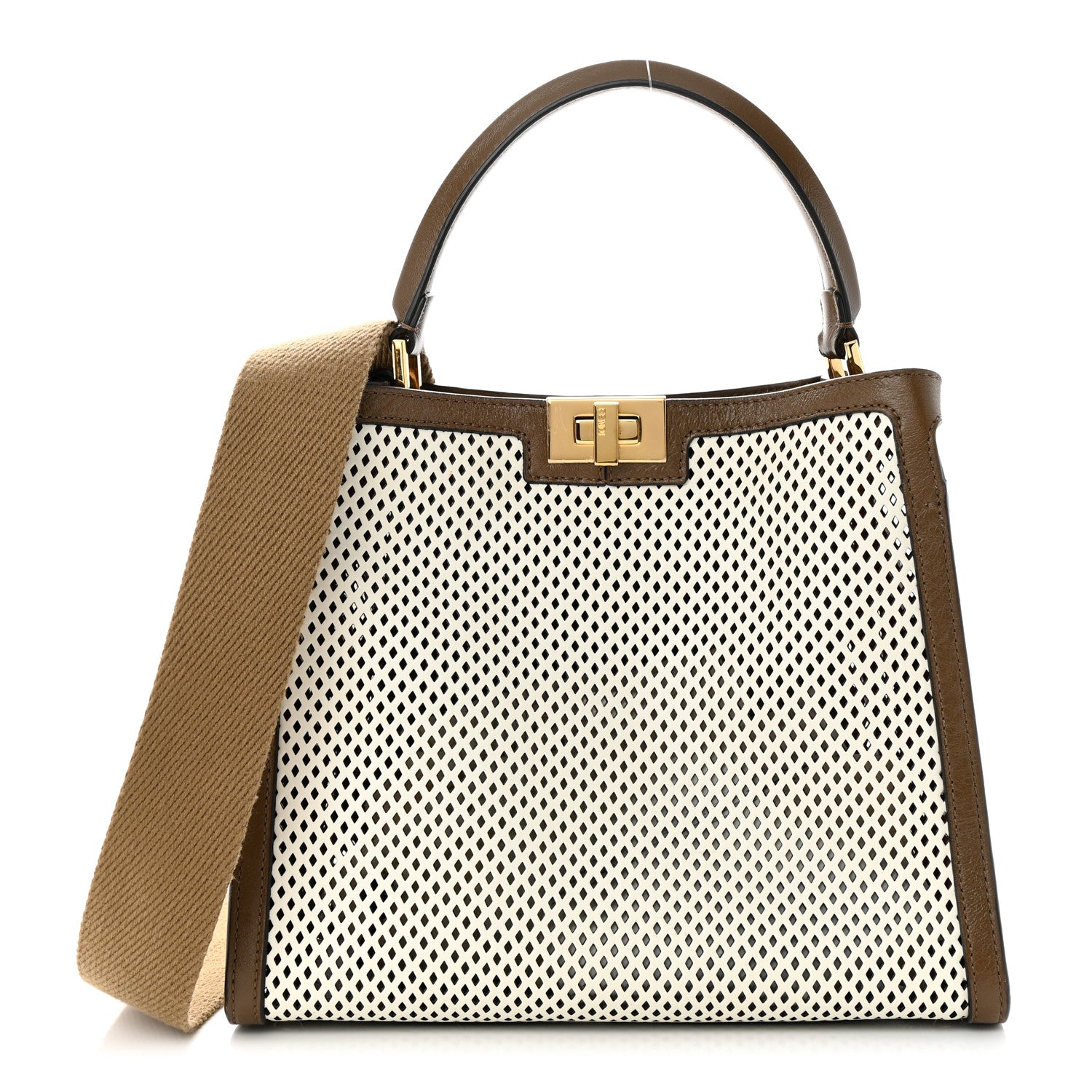 Fendi Vitello Liberty Glossy Lambskin Perforated Medium Peekaboo X-Lite White Ice Rust Maya 1 of 11