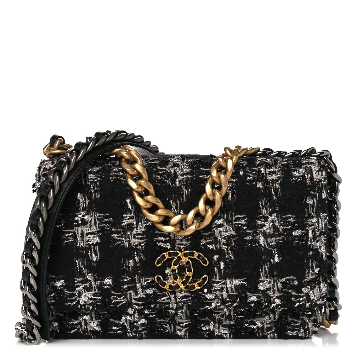 Chanel Tweed Quilted Chanel 19 Wallet On Chain WOC Black Silver Ecru 1 of 13