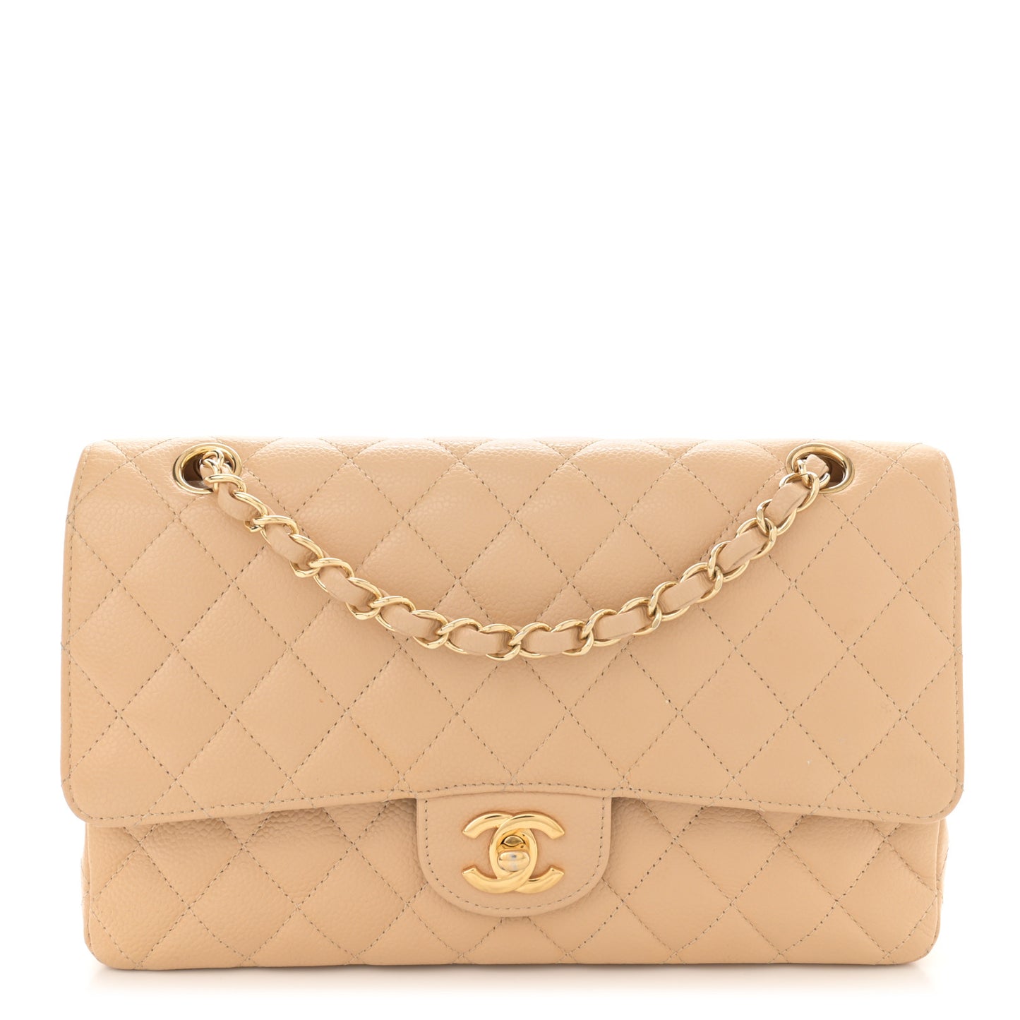 Caviar Quilted Medium Double Flap Beige