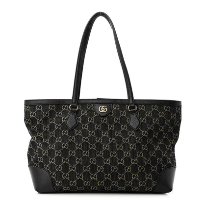 Gucci Jacquard Black Denim GG Monogram Medium Ophidia Shopping Tote Black Ivory 1 of 11