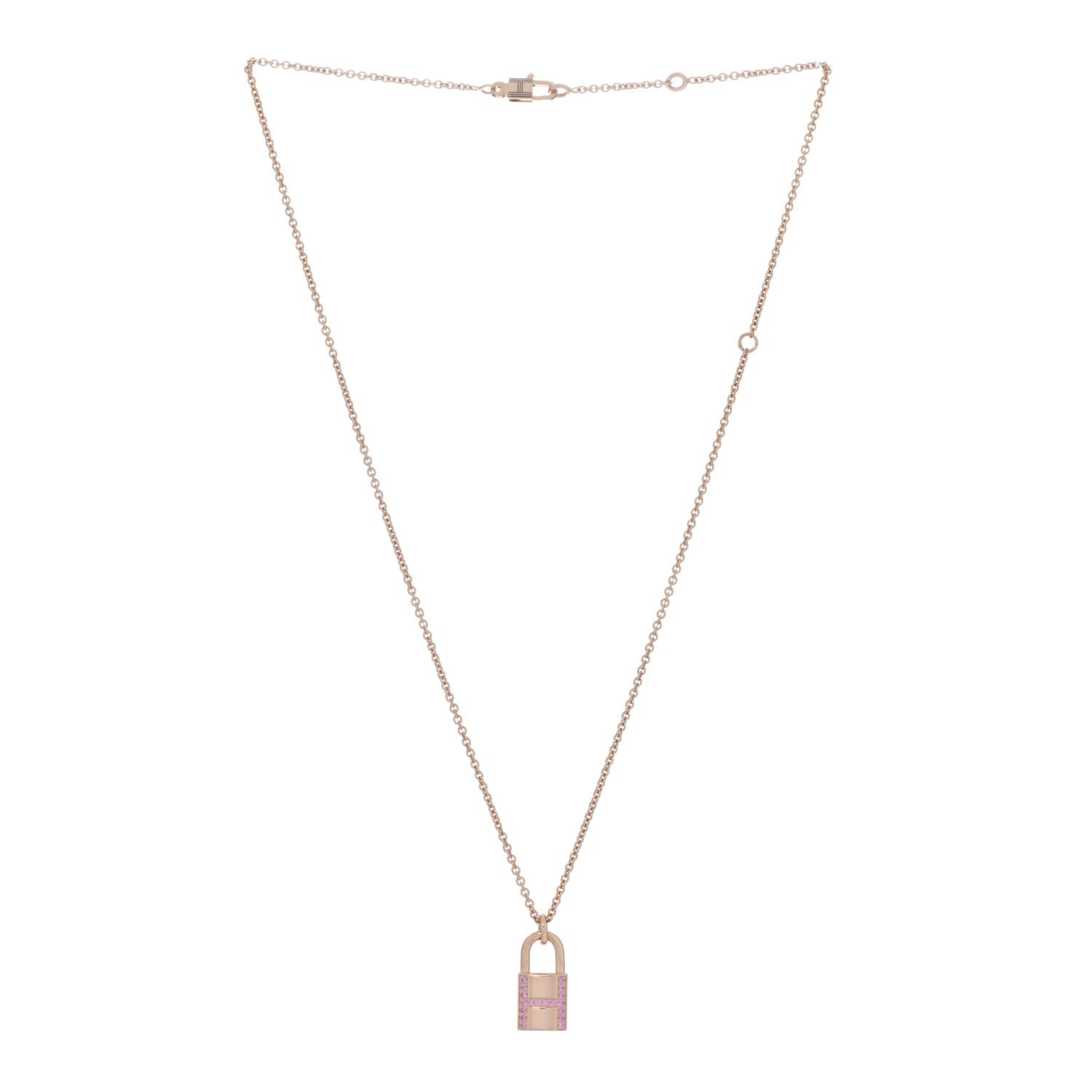 Hermes 18K Rose Gold Pink Sapphire Amulettes Cadenas Pendant Necklace 3 of 6