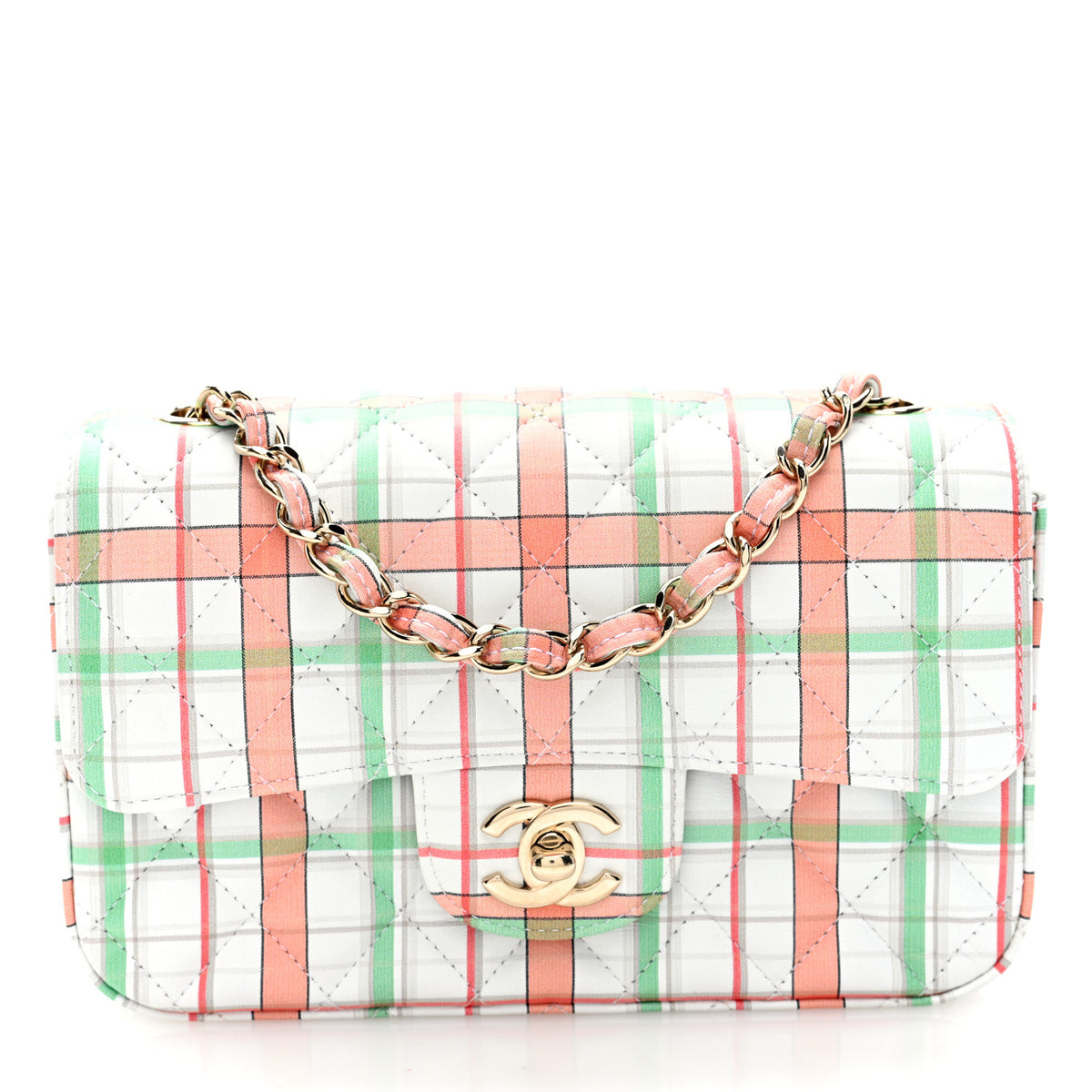 Chanel Calfskin Quilted Plaid Printed Small Single Flap White Multicolor 1 of 10