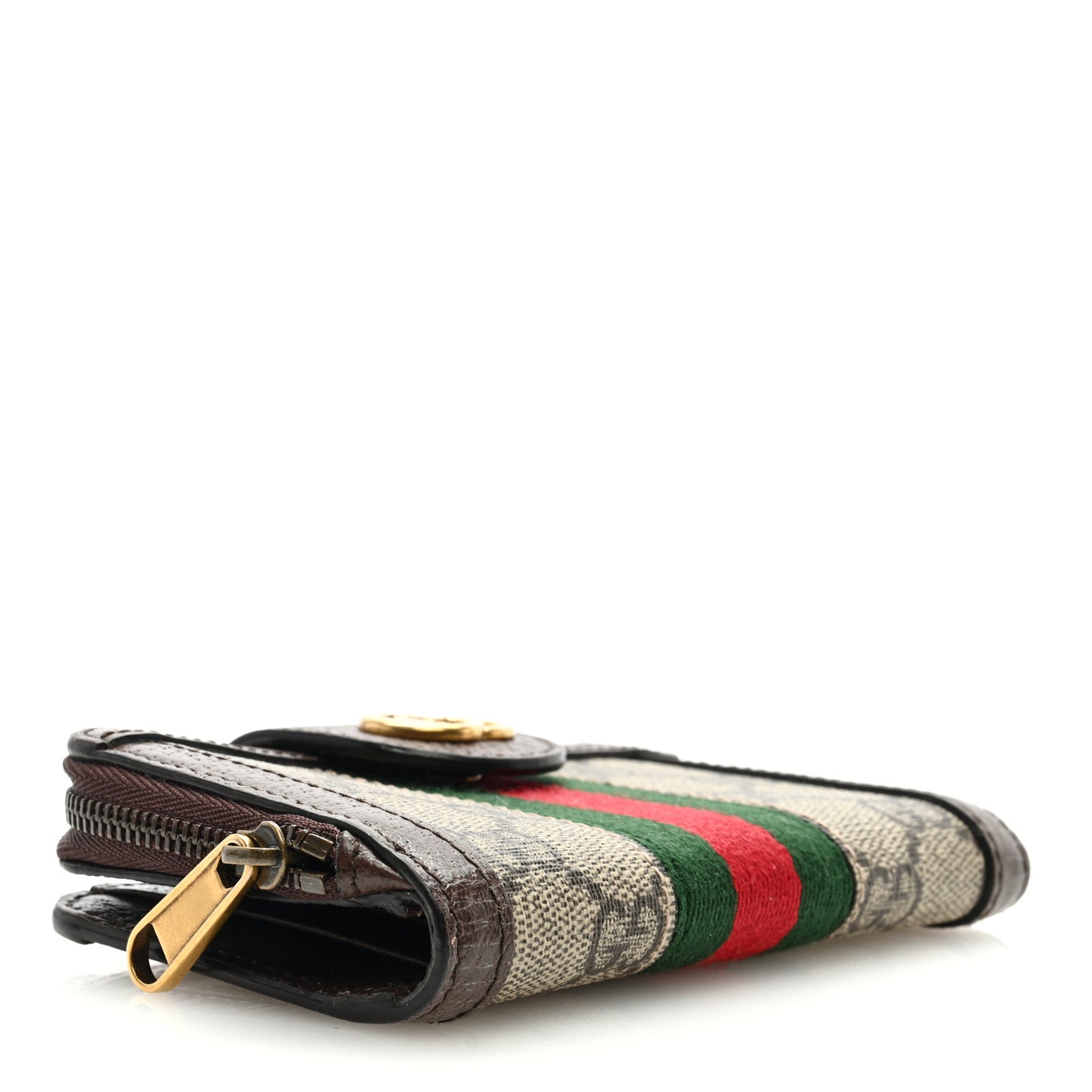 GG Supreme Monogram Textured Dollar Calfskin Web Ophidia Overlay Zip Around Card Case Wallet Beige Ebony New Acero