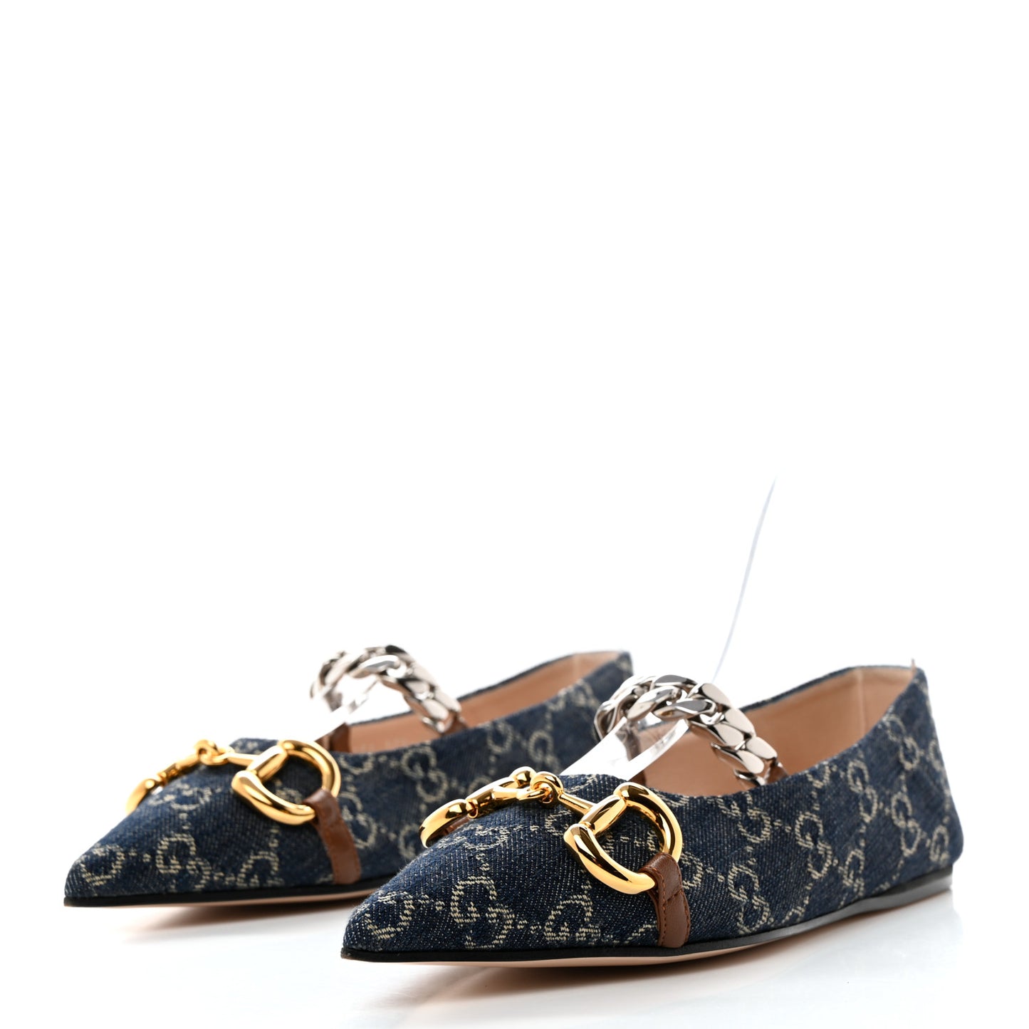 New Denim GG Monogram Nappa Deva Horsebit Chain Embellished Flats 35.5 Blue Tea Cuir Epilog