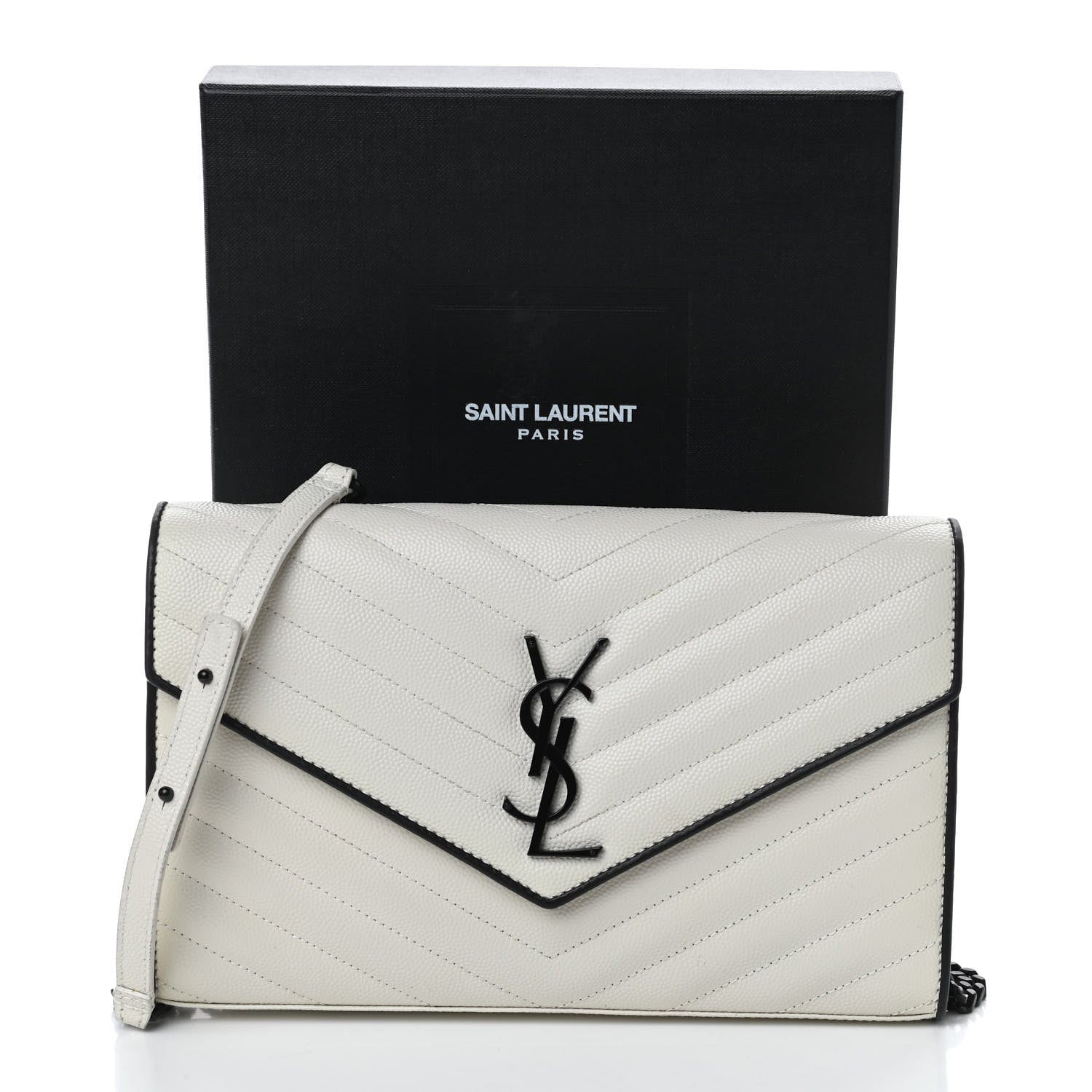 Saint Laurent Grain De Poudre Matelasse Monogram Chain Wallet White Black 11 of 11