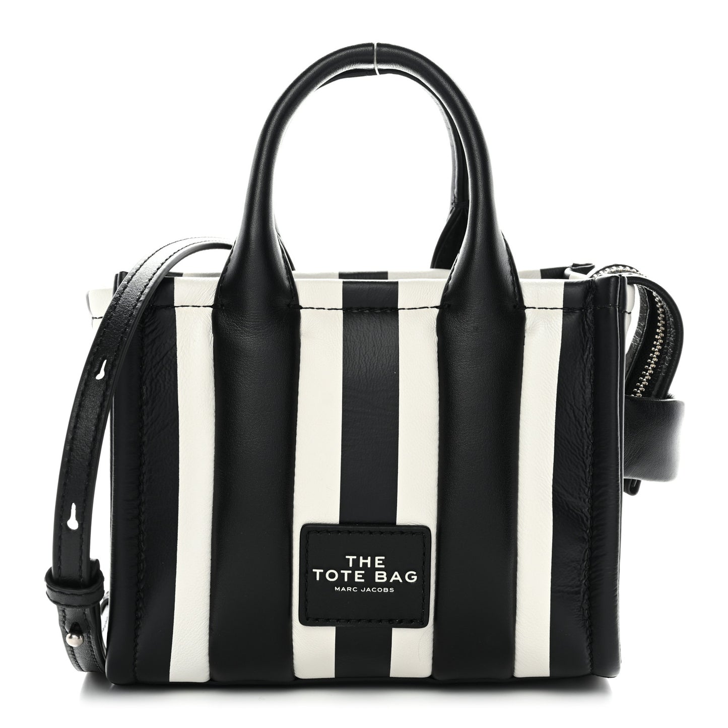 Calfskin Striped Mini The Traveler Tote Bag Black White