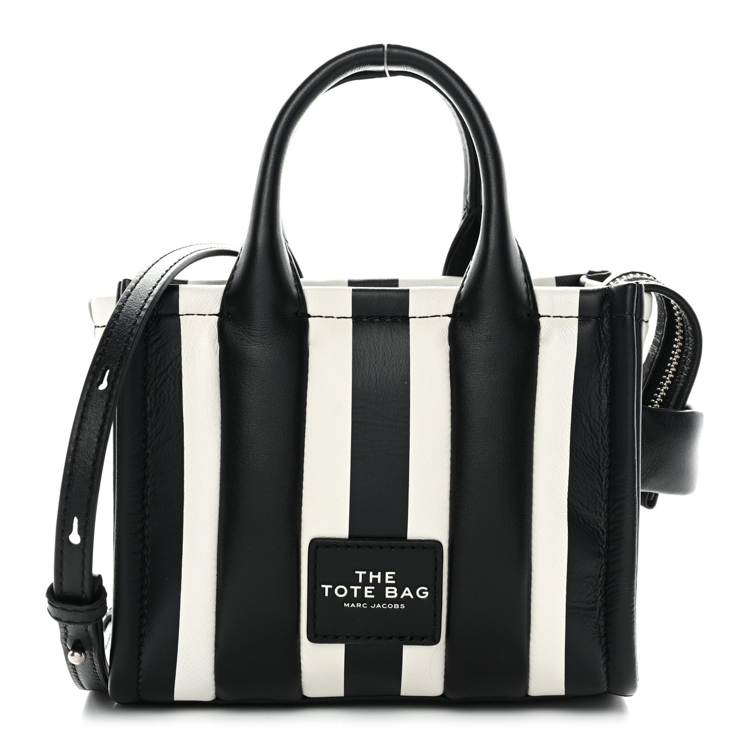 Marc Jacobs Calfskin Striped Mini The Traveler Tote Bag Black White 1 of 10
