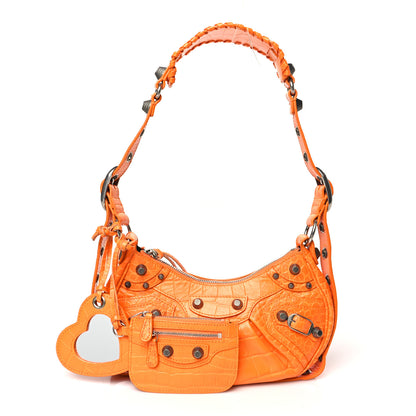 Balenciaga Extra Supple Calfskin Crocodile Embossed Le Cagole Shoulder Bag XS Pop Orange 3 of 12