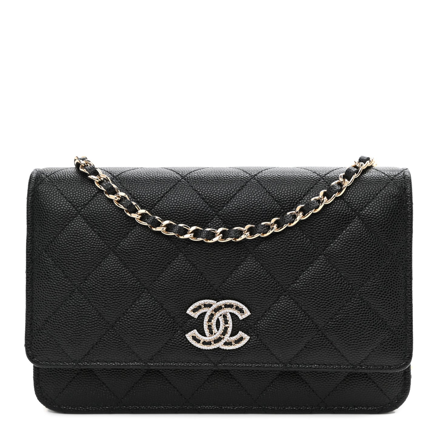 Caviar Quilted Crystal CC Wallet On Chain WOC Black
