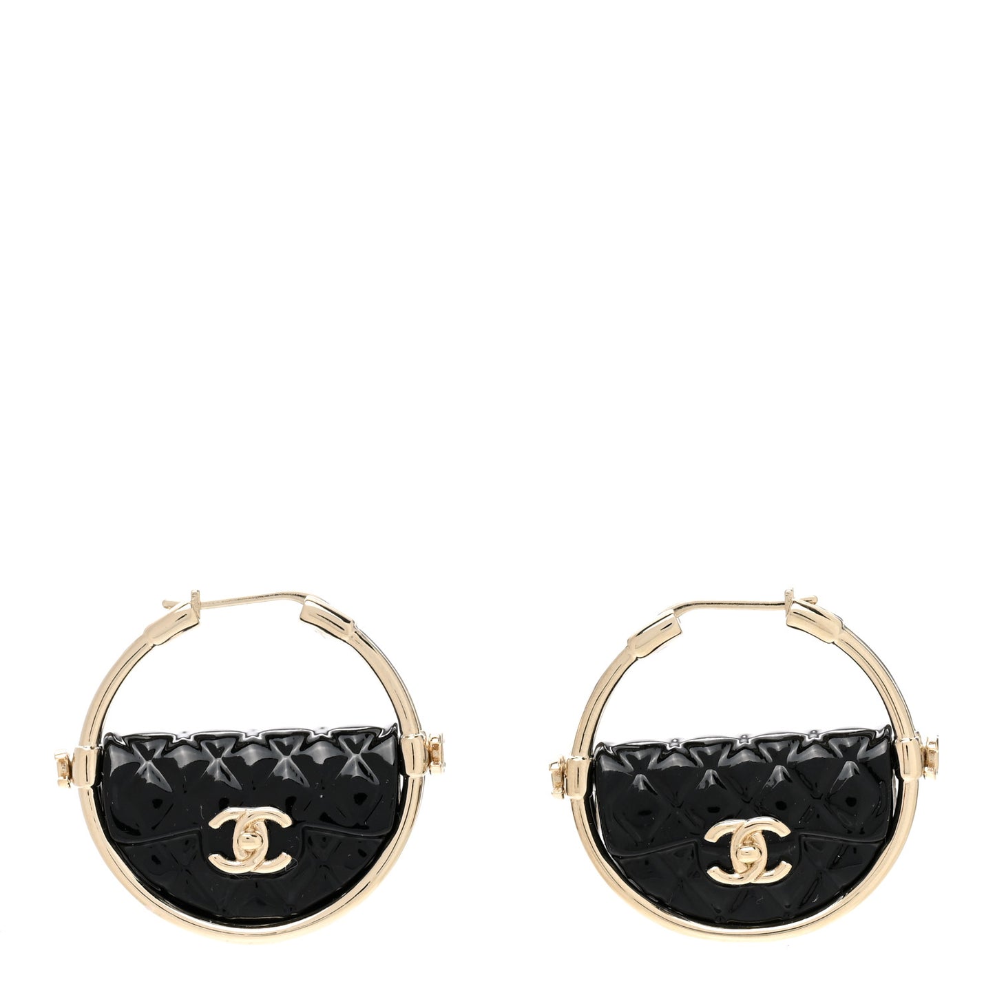 Metal Resin Quilted Flap Bag Hoop Earrings Black Gold