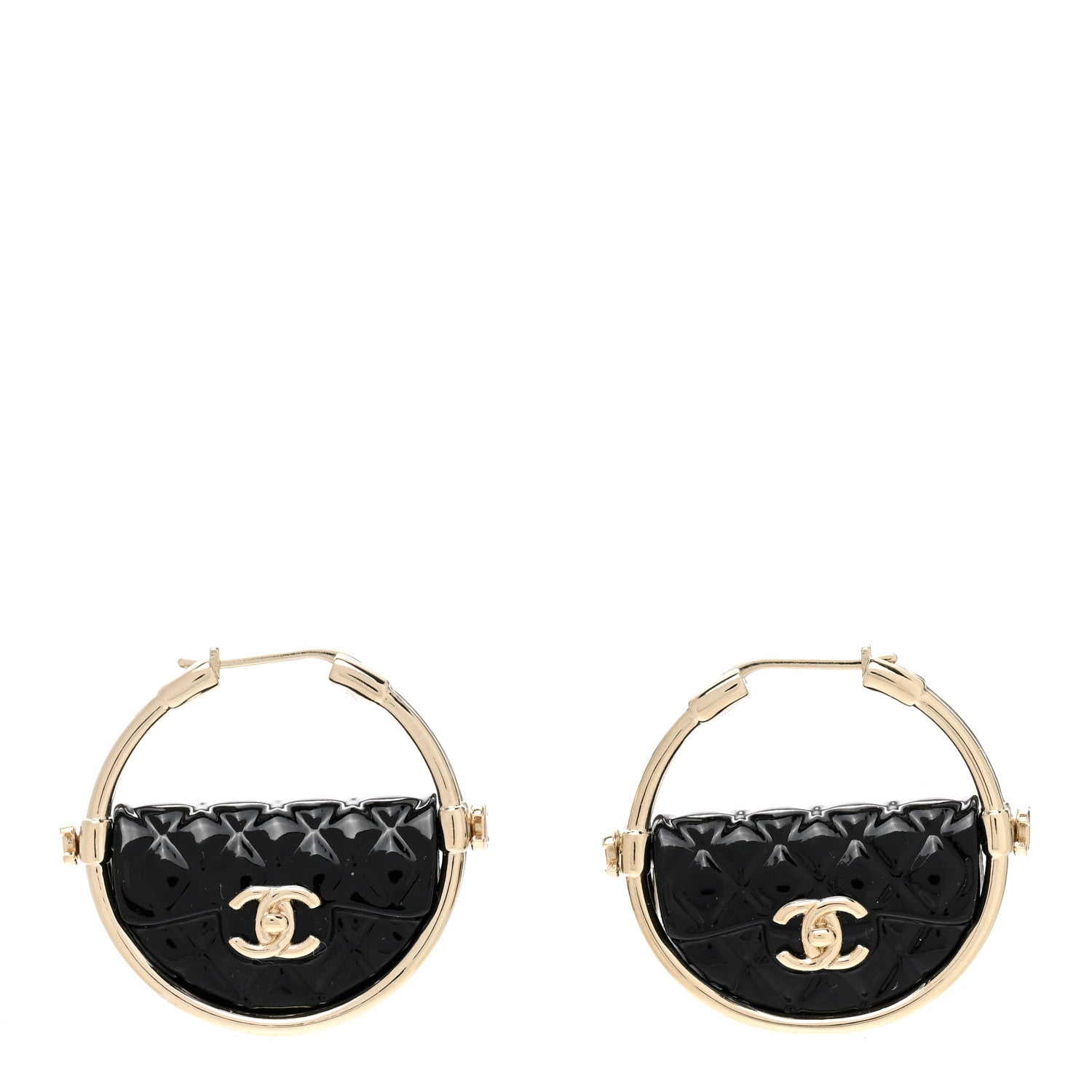 Chanel Metal Resin Quilted Flap Bag Hoop Earrings Black Gold 1 of 4