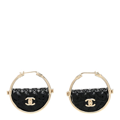 Chanel Metal Resin Quilted Flap Bag Hoop Earrings Black Gold 1 of 4