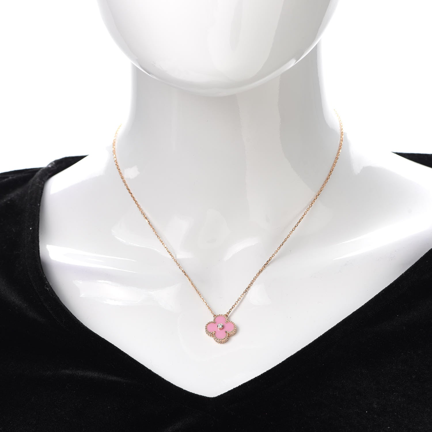 Van Cleef & Arpels 18K Rose Gold Diamond Pink Porcelain Vintage Alhambra Pendant Necklace 2 of 7