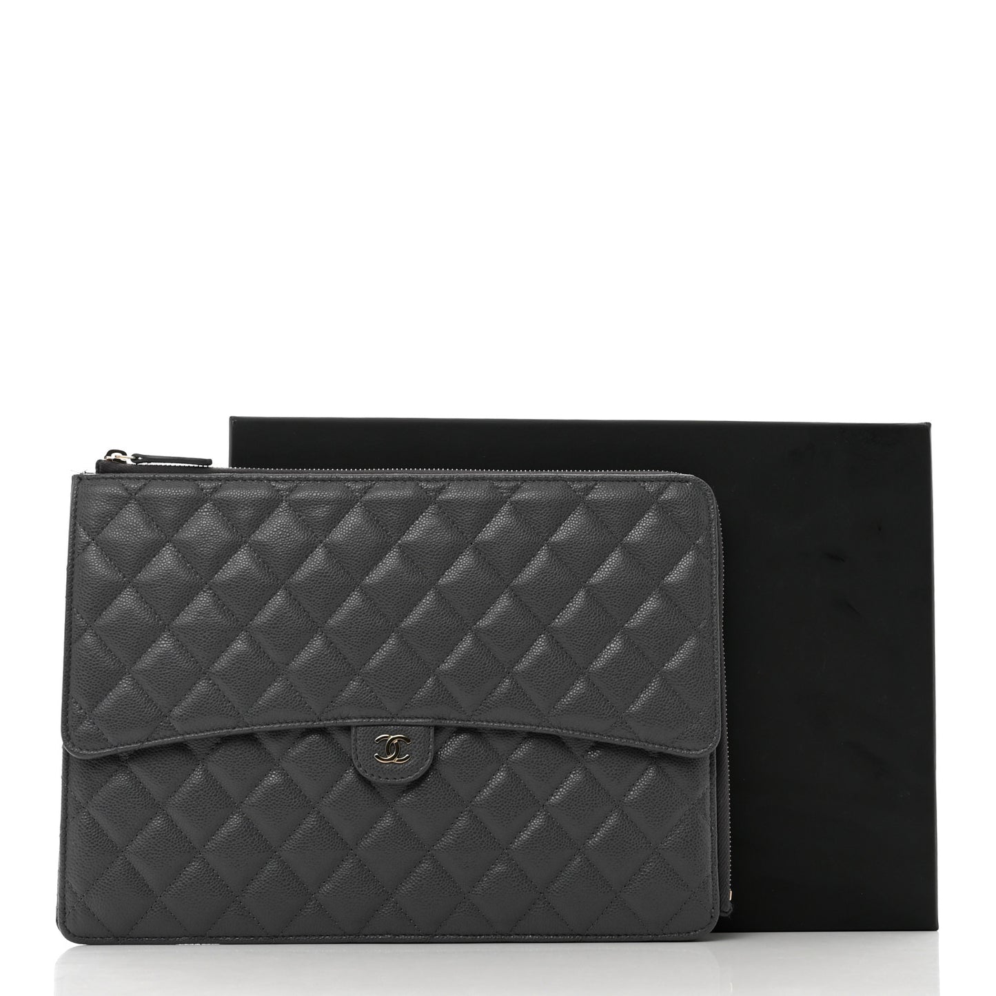 Caviar Quilted Large Flap Zip Clutch Grey