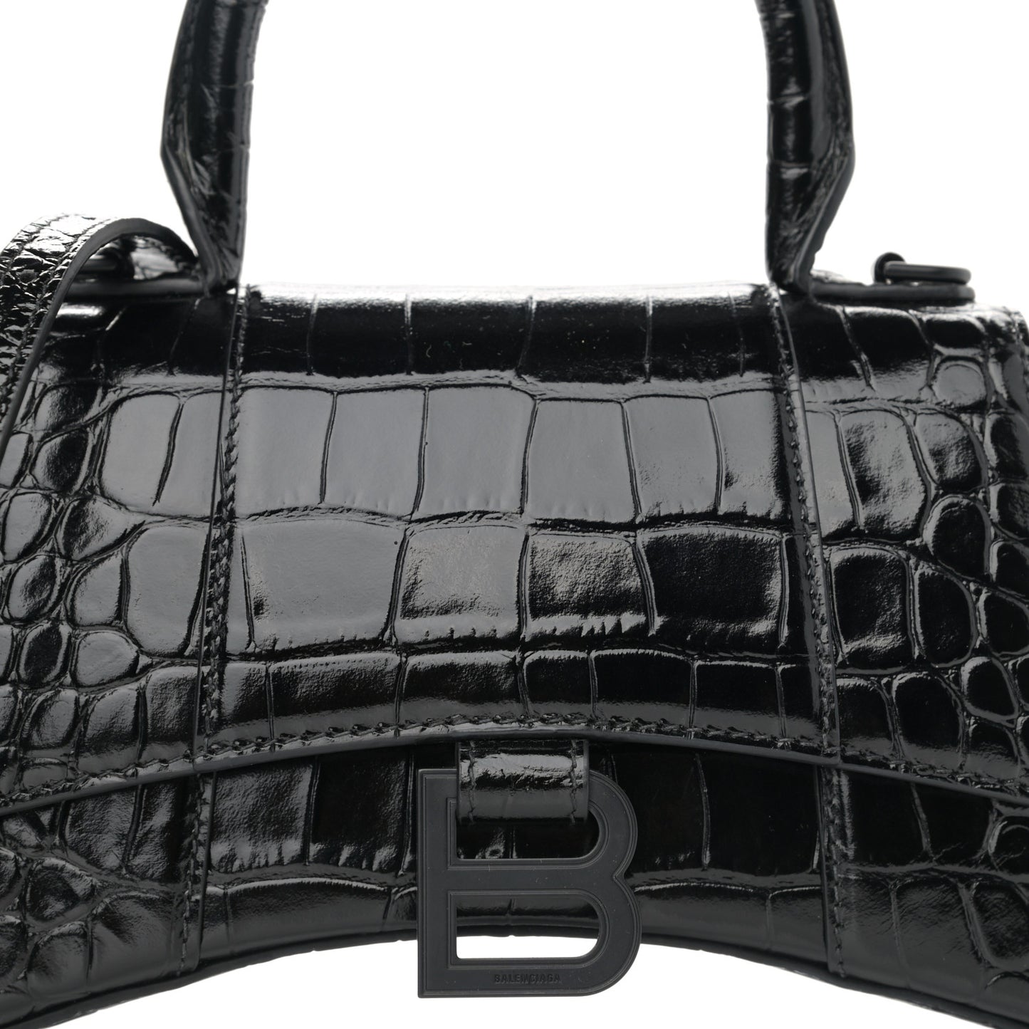 Shiny Calfskin Monochrome Crocodile Embossed Hourglass Top Handle Bag XS Black