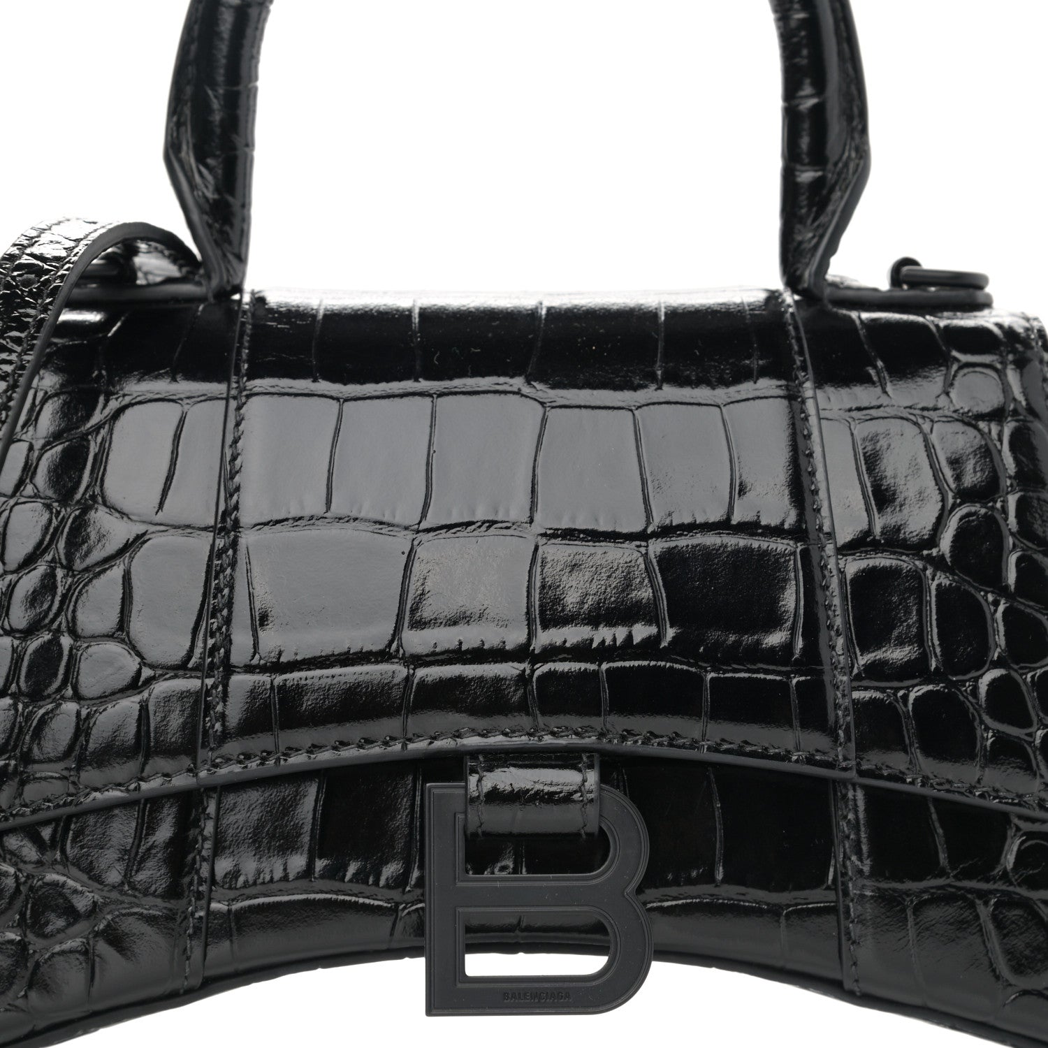 Balenciaga Shiny Calfskin Monochrome Crocodile Embossed Hourglass Top Handle Bag XS Black 8 of 11
