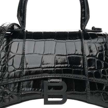 Balenciaga Shiny Calfskin Monochrome Crocodile Embossed Hourglass Top Handle Bag XS Black 8 of 11