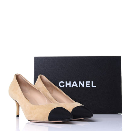 Chanel Kid Suede Grosgrain Cap Toe Pumps 39.5 Beige Black 11 of 11