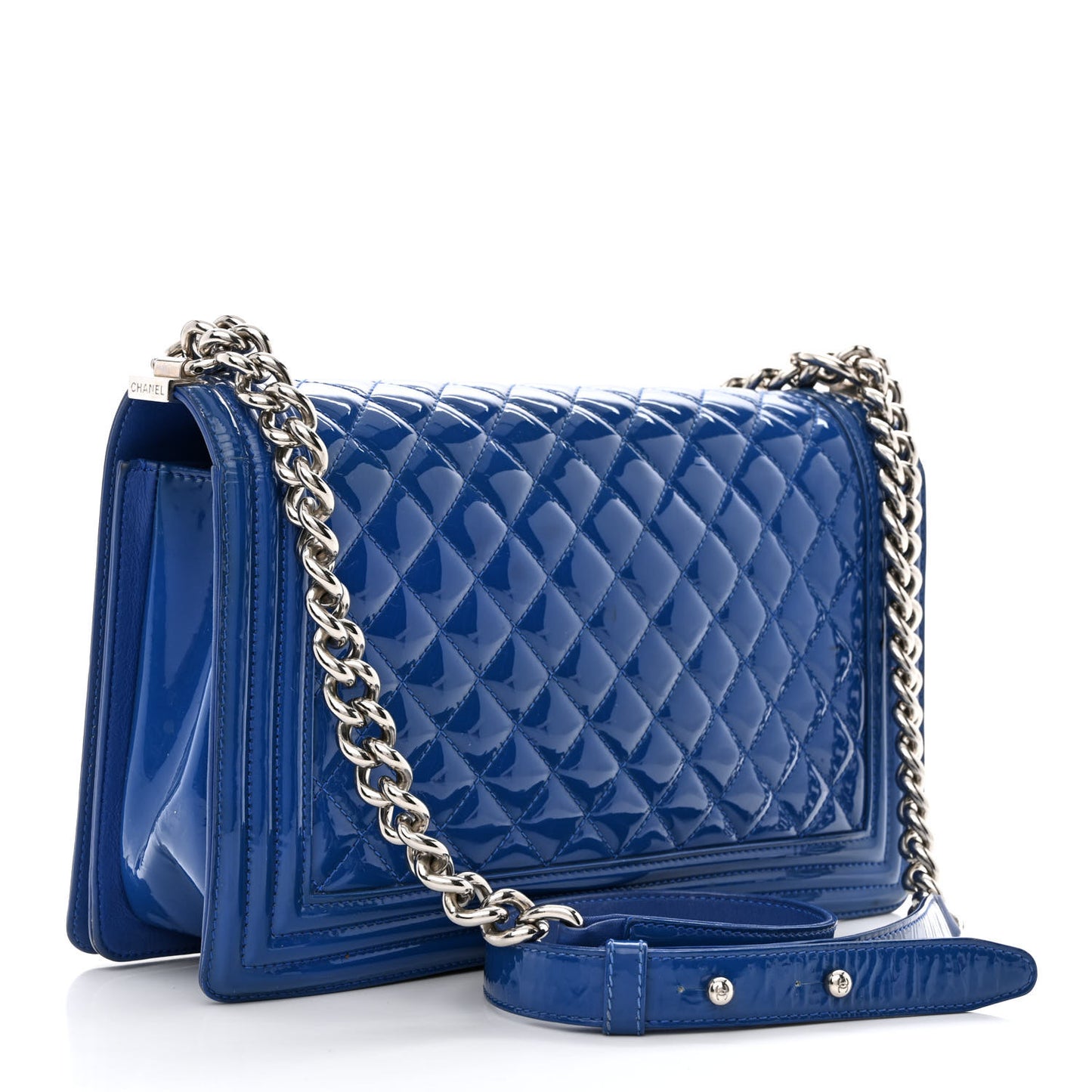 Patent Calfskin Quilted New Medium Plexiglass Boy Flap Blue