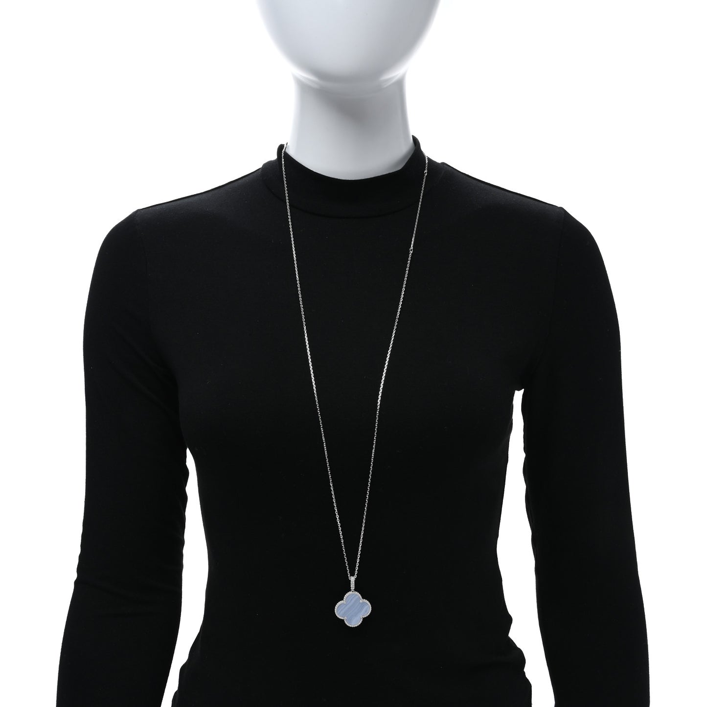 18K White Gold Chalcedony Magic Alhambra Pendant Long Necklace