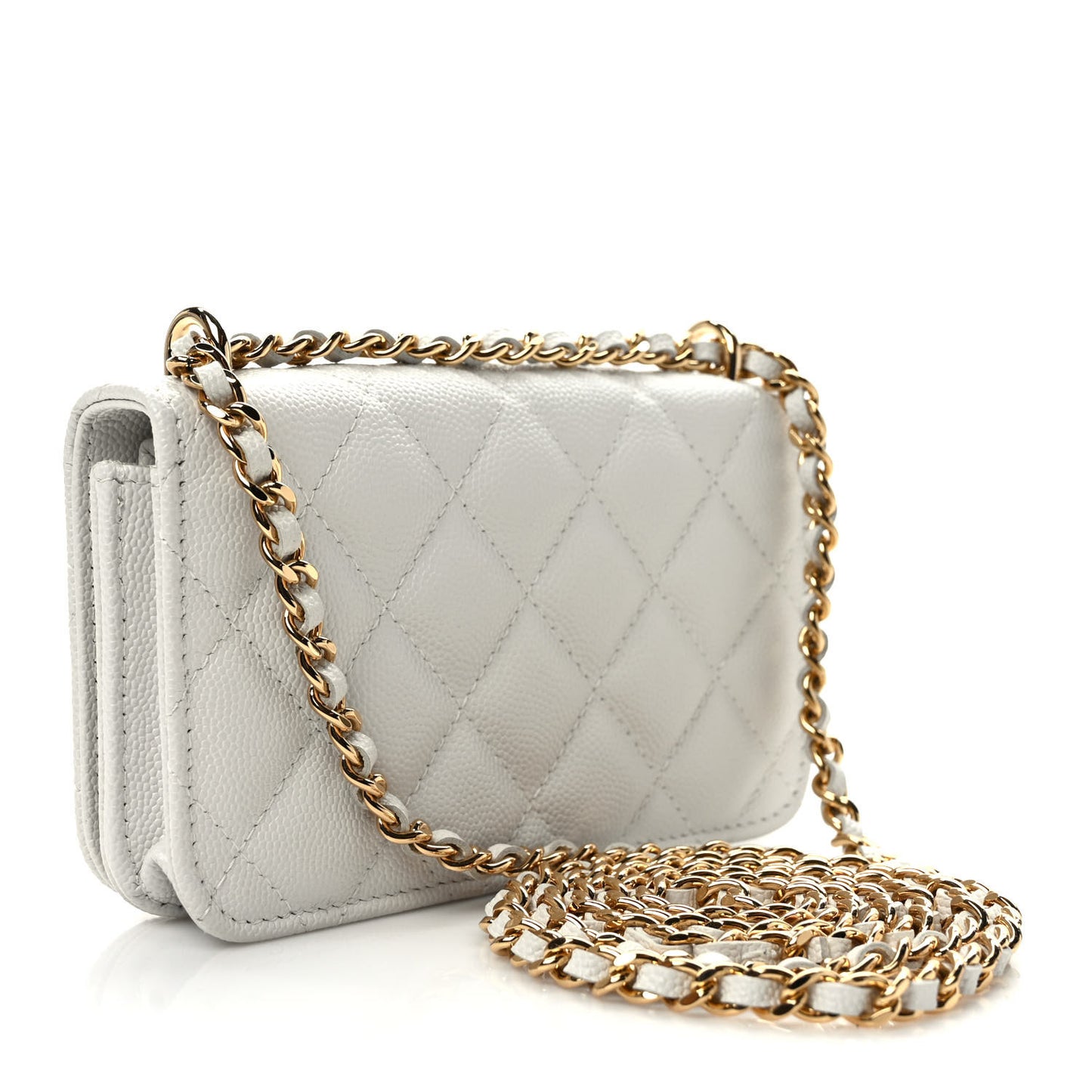 Caviar Quilted Pocket Twins Clutch With Chain White