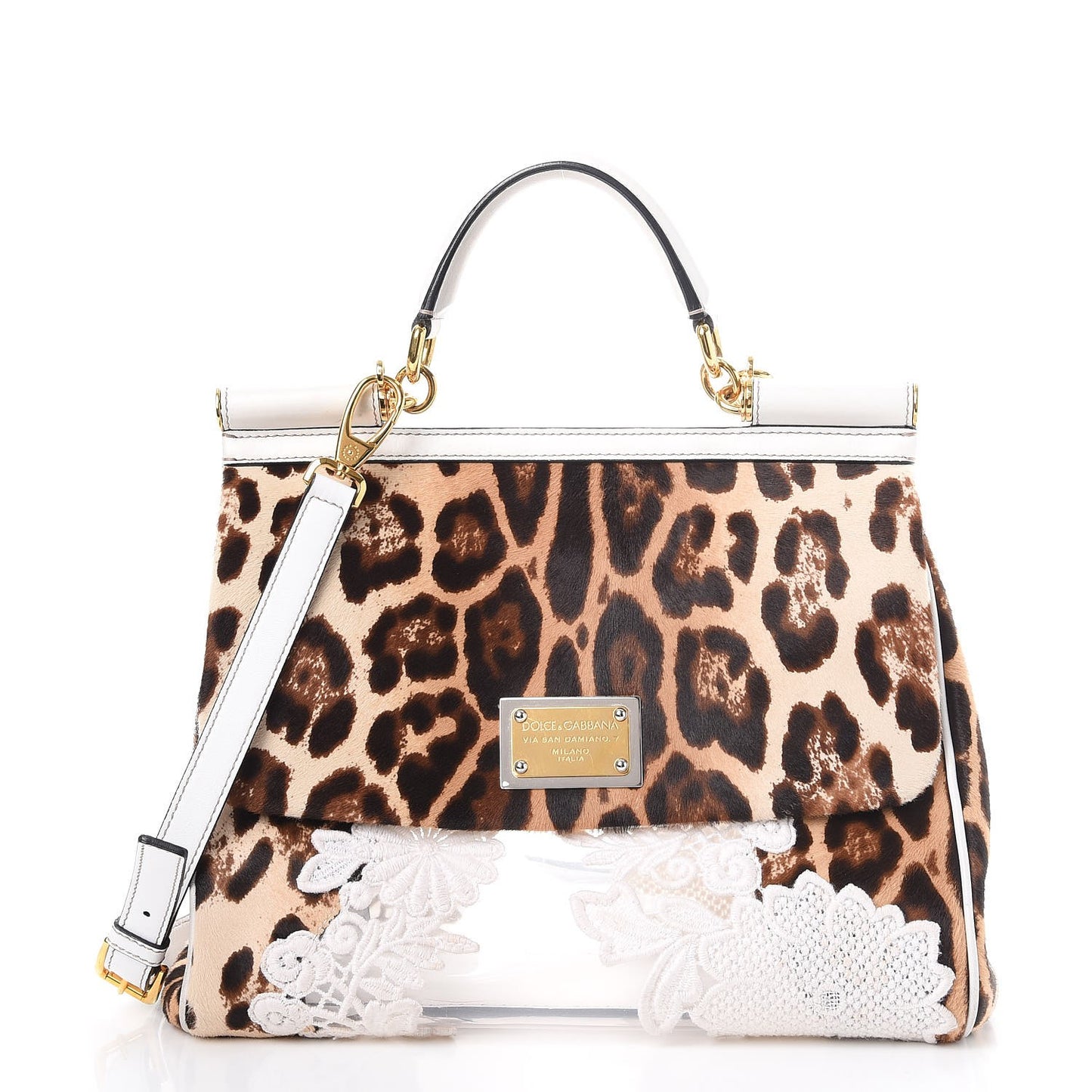 Calf Hair Leopard Print Lace Large Miss Sicily Satchel White
