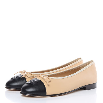 Chanel Lambskin Cap Toe CC Ballerina Flats 36.5 Beige Black 3 of 9
