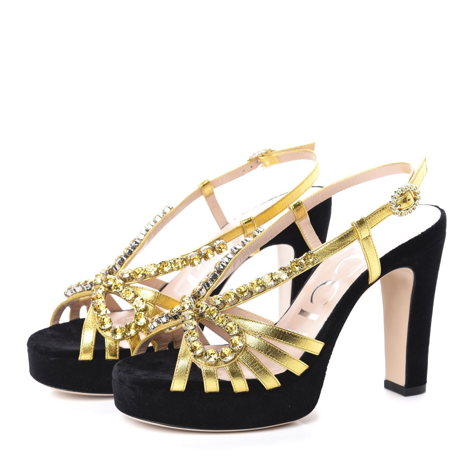 Gucci Velvet Crystal Platform Sandals 36 Black Gold 3 of 7